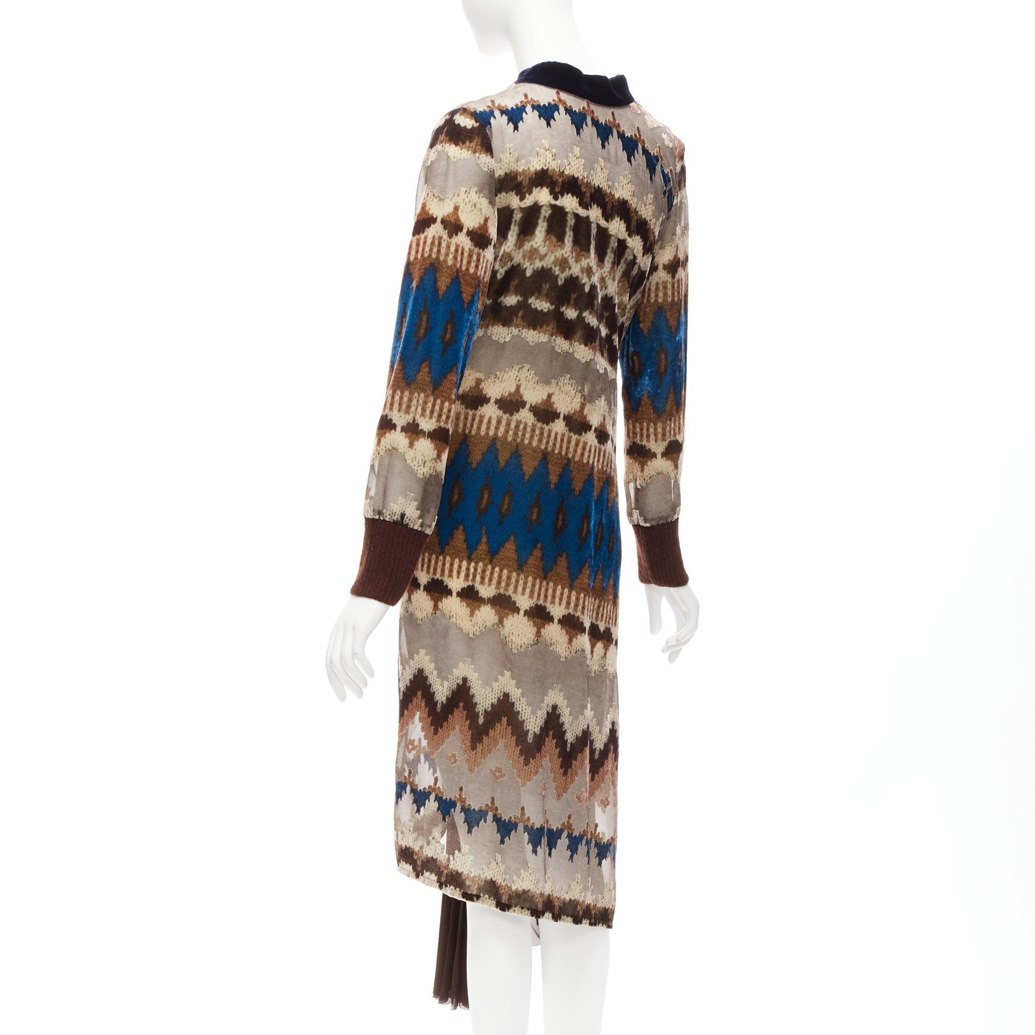 Women's SACAI 2020 brown blue ethnic sheer devore zip pleat midi dress JP1 S For Sale