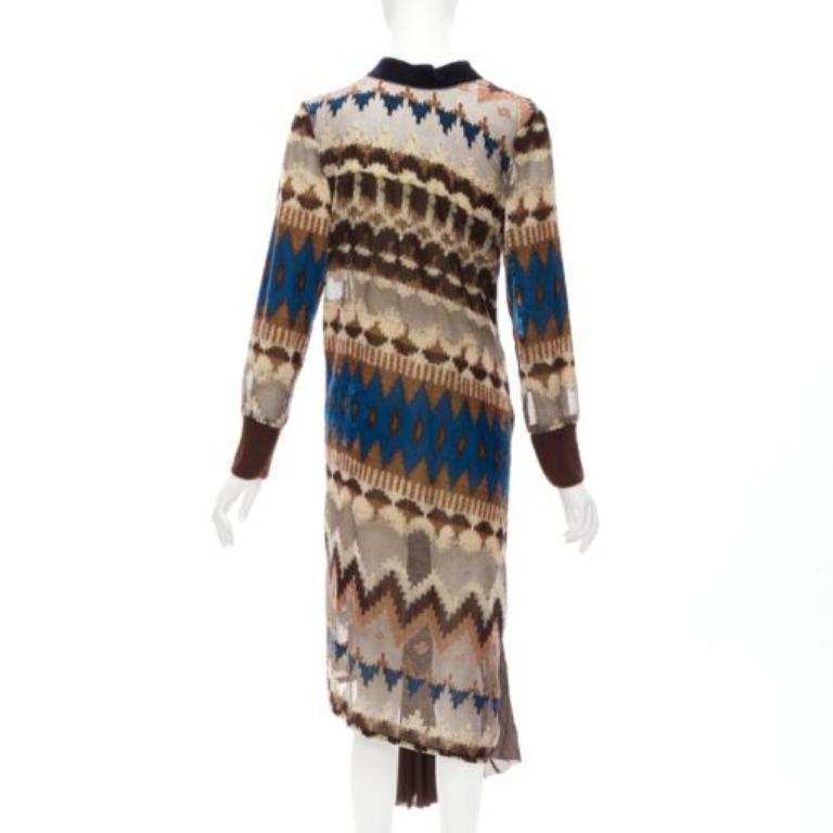 Women's SACAI 2020 brown blue ethnic sheer devore zip pleat midi dress JP1 S For Sale