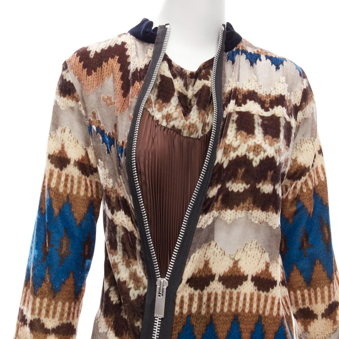 SACAI 2020 brown blue ethnic sheer devore zip pleat midi dress JP1 S For Sale 1