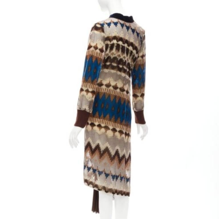 SACAI 2020 brown blue ethnic sheer devore zip pleat midi dress JP1 S For Sale 1