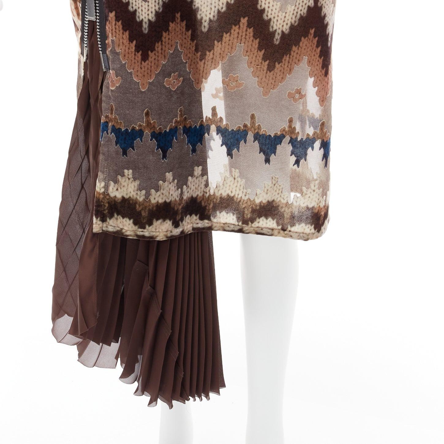 SACAI 2020 brown blue ethnic sheer devore zip pleat midi dress JP1 S For Sale 2