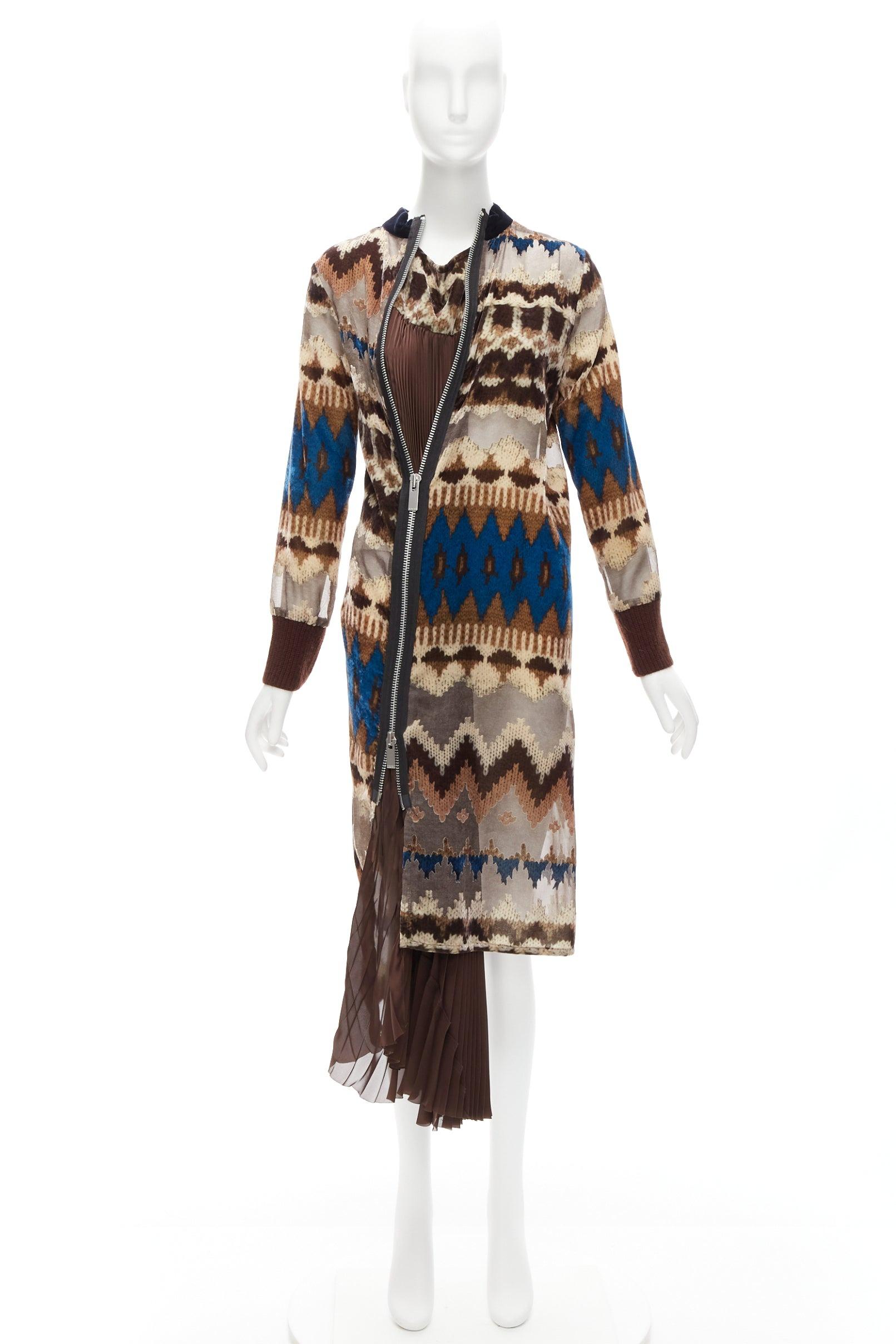 SACAI 2020 brown blue ethnic sheer devore zip pleat midi dress JP1 S For Sale 4