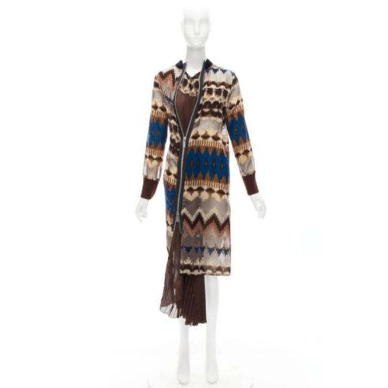 SACAI 2020 brown blue ethnic sheer devore zip pleat midi dress JP1 S For Sale 4