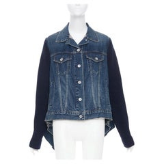 Veste en coton bleu SACAI 2020, mélange de denim et de tricot, coupe asymétrique, ourlet brut, taille JP2 M