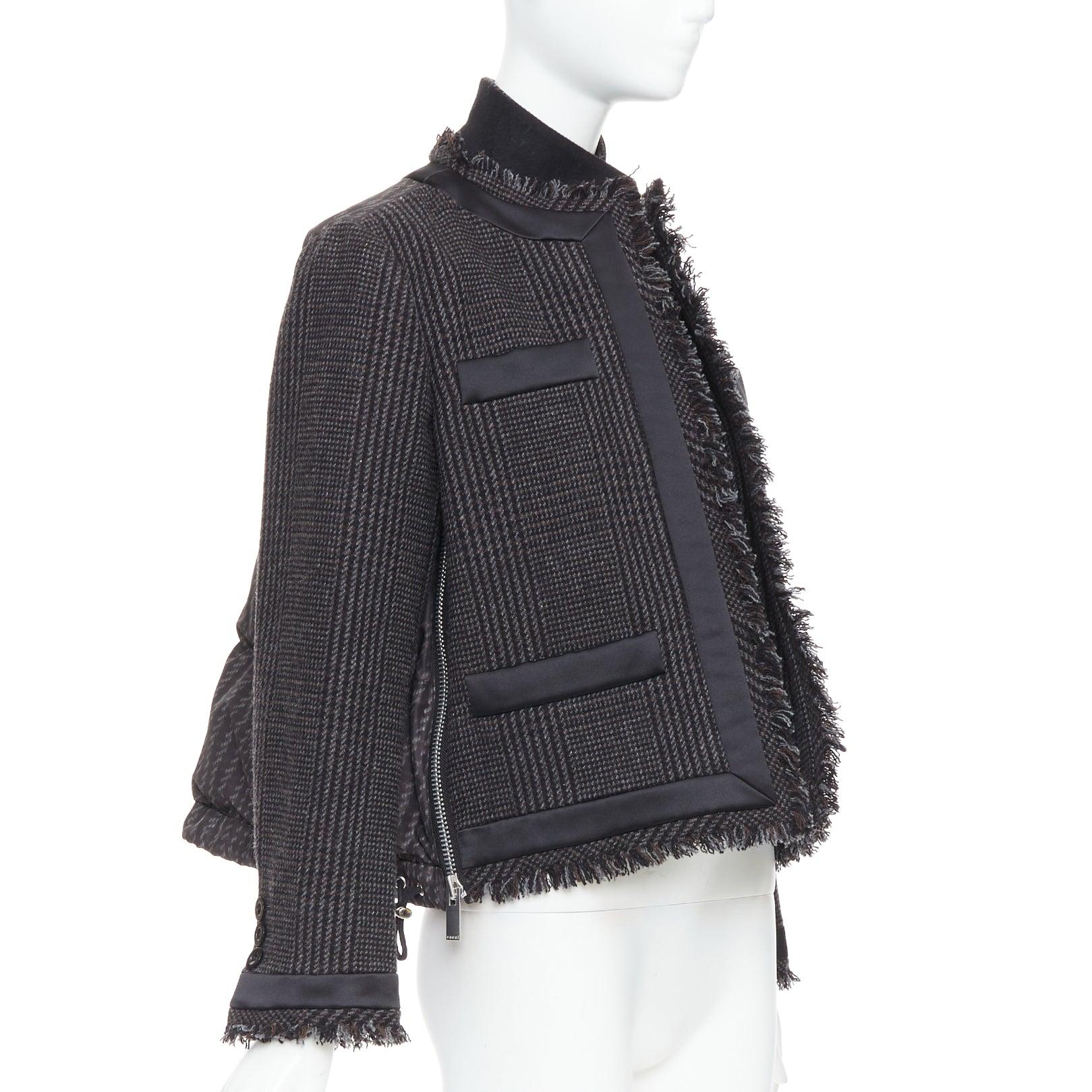 SACAI 2020 Giacca in tweed imbottita in pied-de-poule grigio Glencheck con bordi sfrangiati JP2 I. In condizioni ottime in vendita a Hong Kong, NT