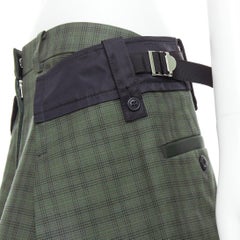 SACAI 2020 green cotton check nylon trim flared panels shorts JP3 L