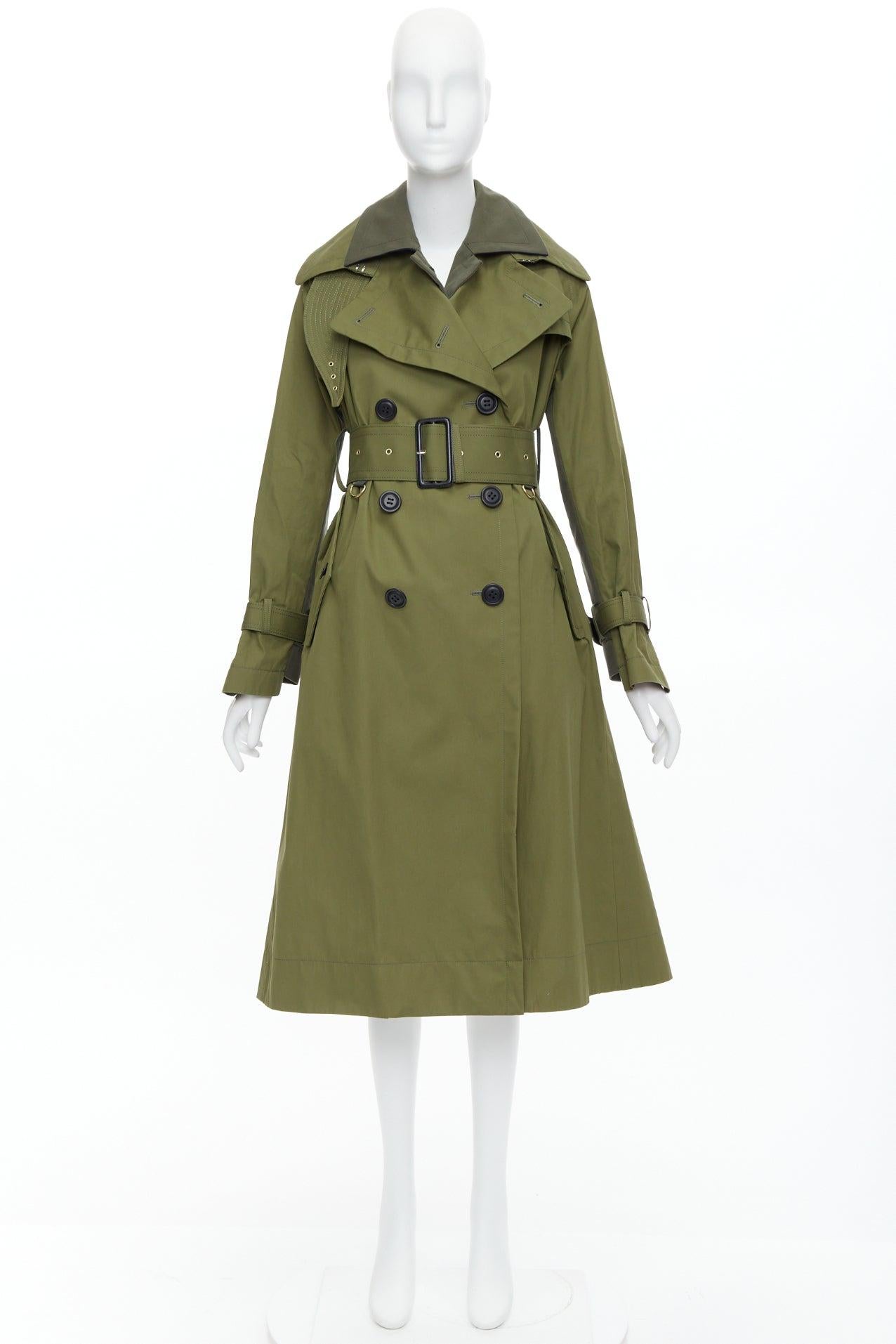 SACAI 2020 green cotton gabardine double layered belted trench coat JP1 S For Sale 5