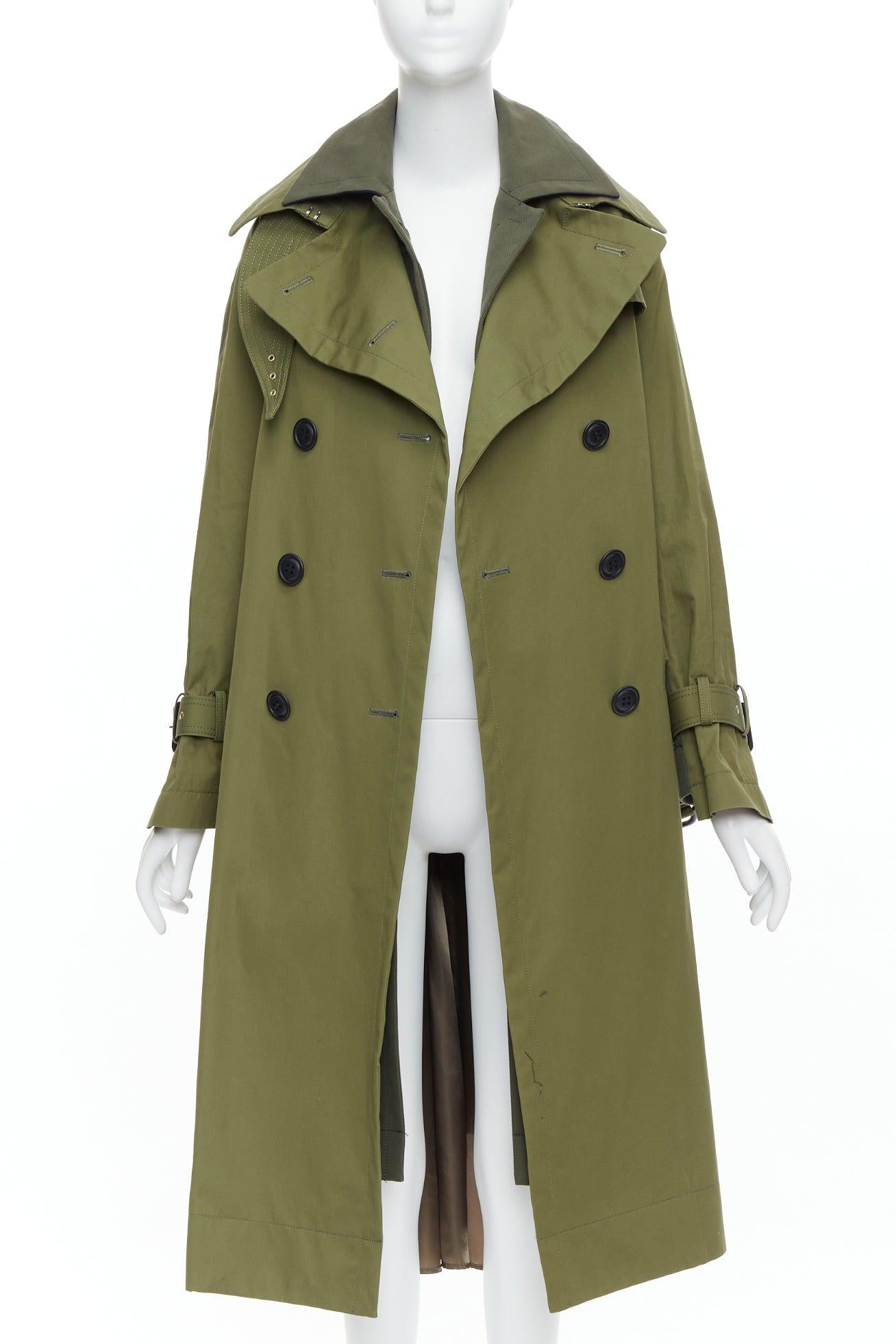Brown SACAI 2020 green cotton gabardine double layered belted trench coat JP1 S For Sale