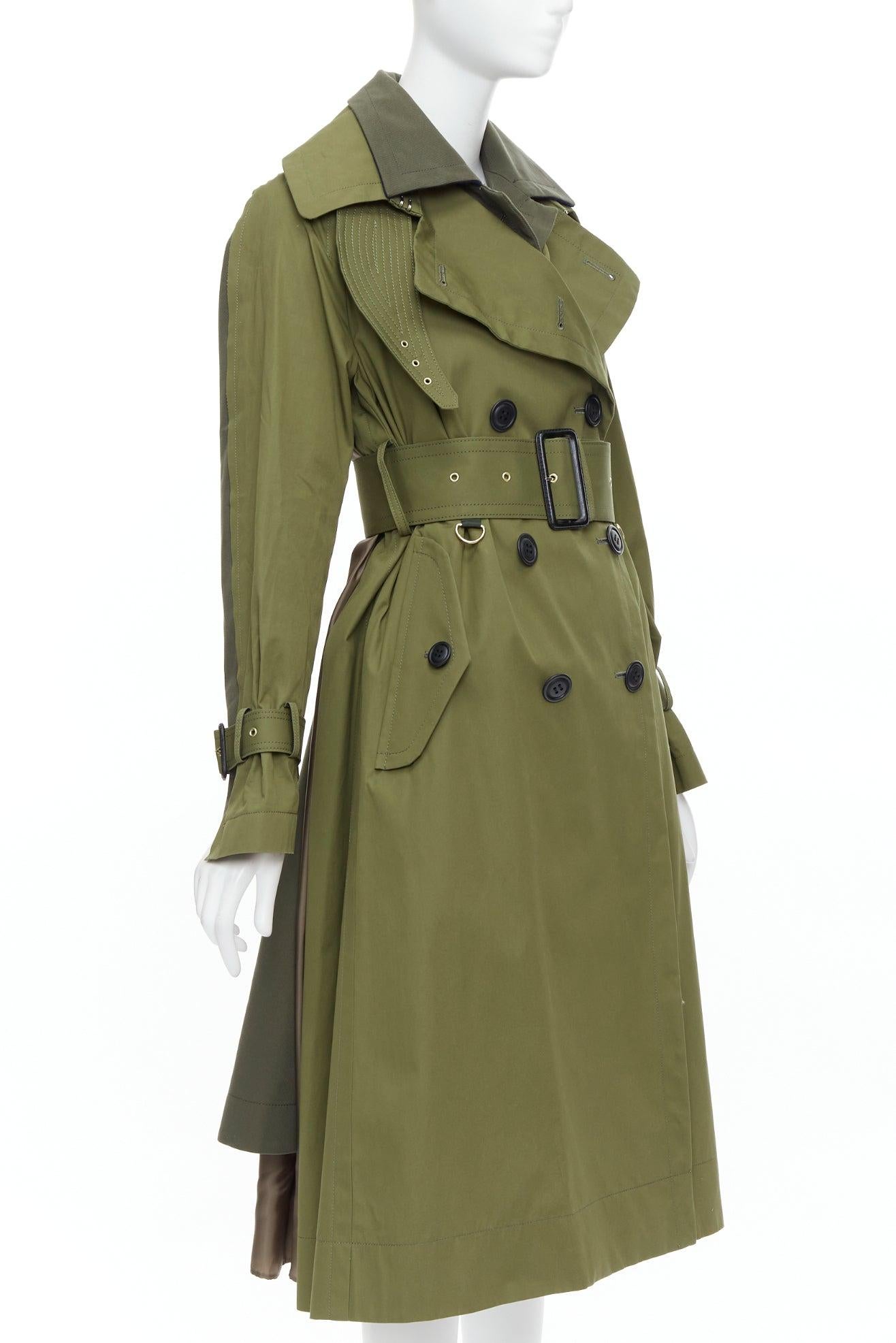 SACAI 2020 green cotton gabardine double layered belted trench coat JP1 S In Good Condition For Sale In Hong Kong, NT