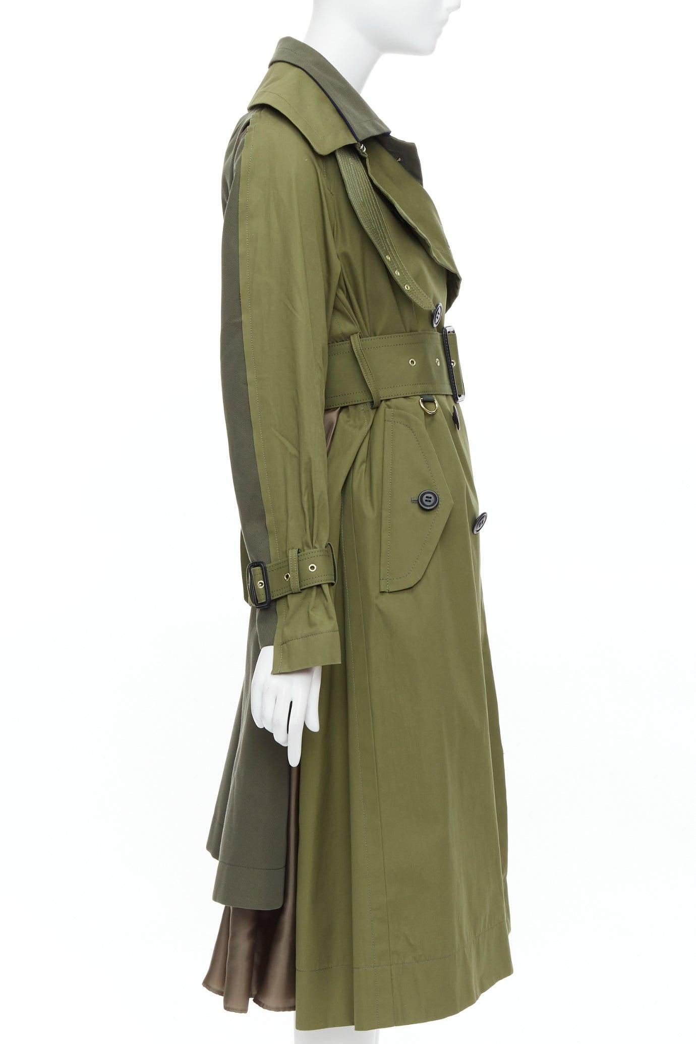 Women's SACAI 2020 green cotton gabardine double layered belted trench coat JP1 S For Sale