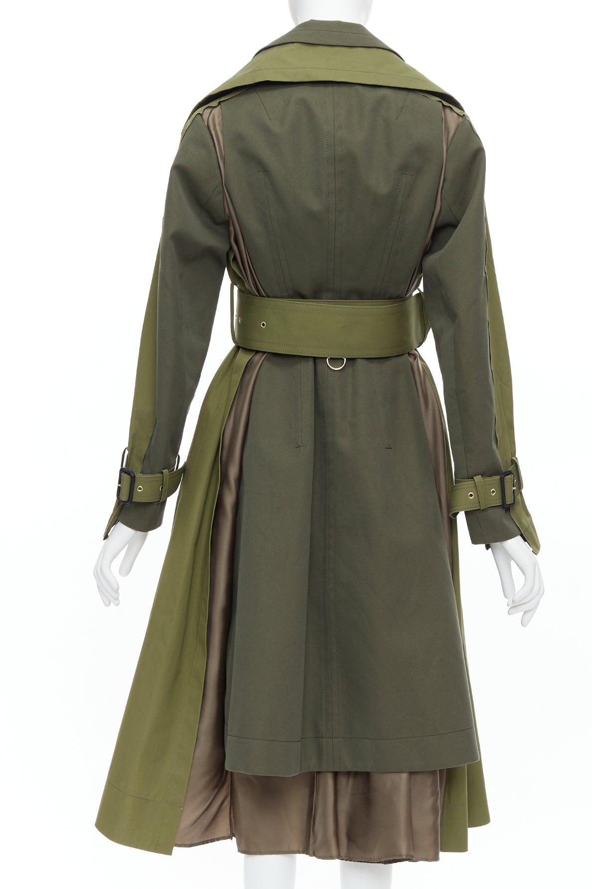 SACAI 2020 green cotton gabardine double layered belted trench coat JP1 S For Sale 1