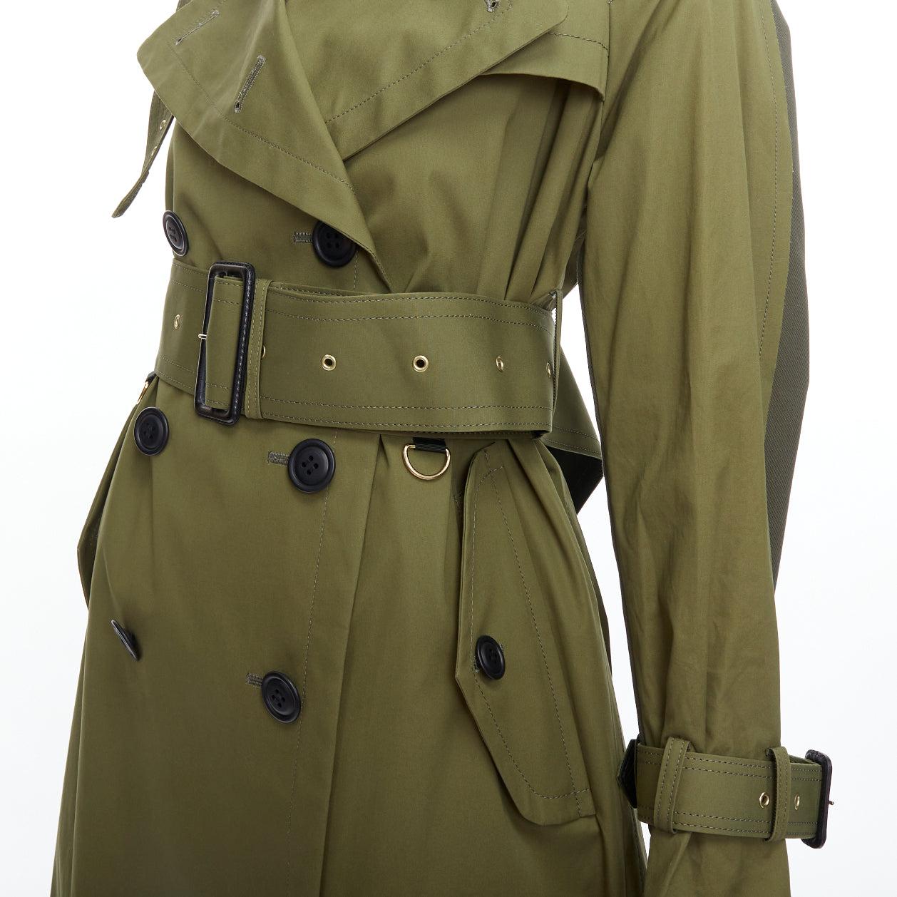 SACAI 2020 green cotton gabardine double layered belted trench coat JP1 S For Sale 3