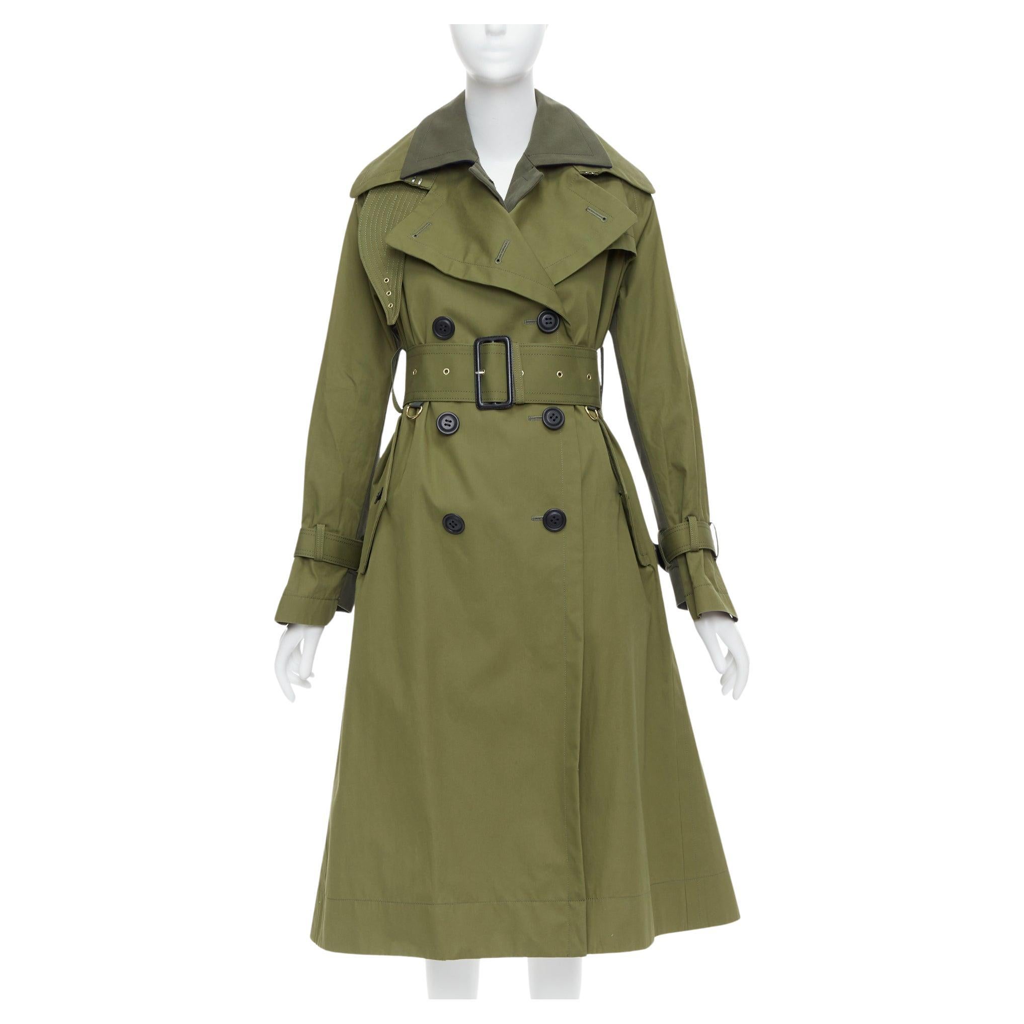 SACAI 2020 green cotton gabardine double layered belted trench coat JP1 S For Sale
