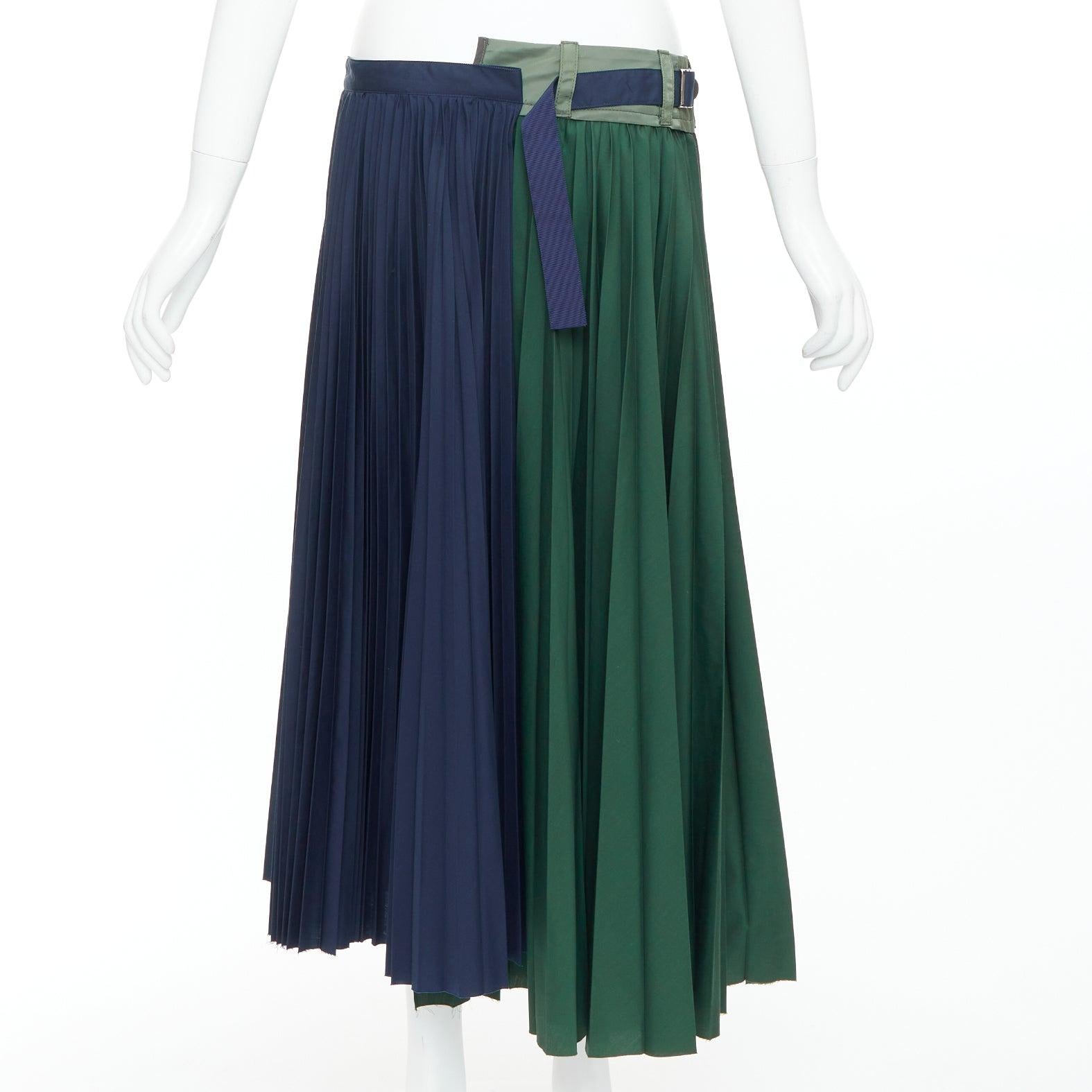 Women's SACAI 2020 green navy nylon trim deconstructed pleated skirt JP3 L For Sale