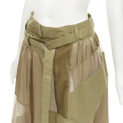 SACAI 2020 khaki military patchwork sheer deconstructed belted skirt JP3 L
