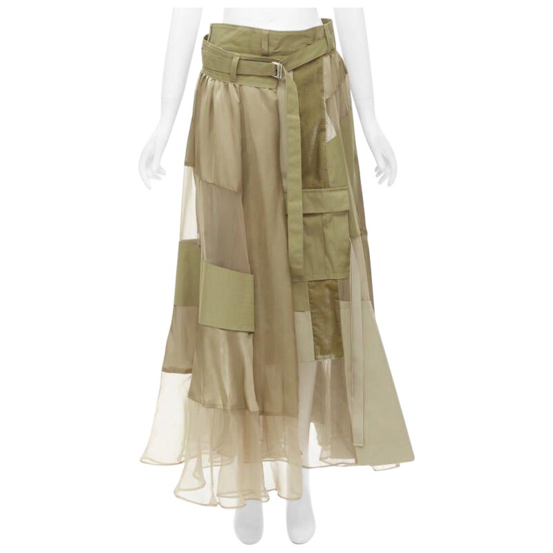SACAI 2020 khaki military patchwork sheer deconstructed belted skirt JP3 L