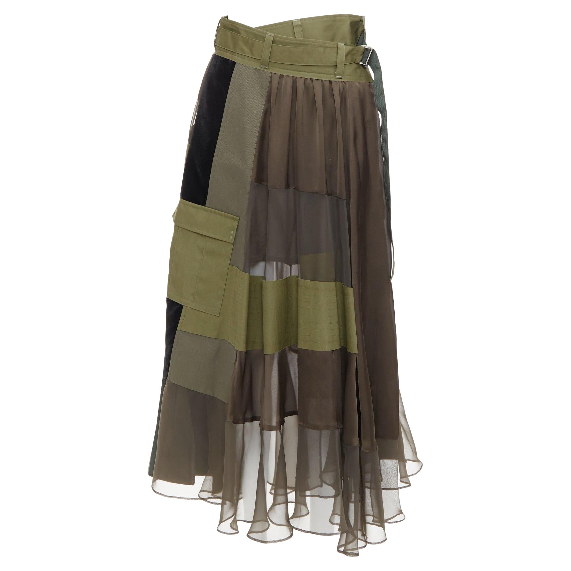 SACAI 2020 military green camo sheer patchwork cargo belted skirt JP1 S