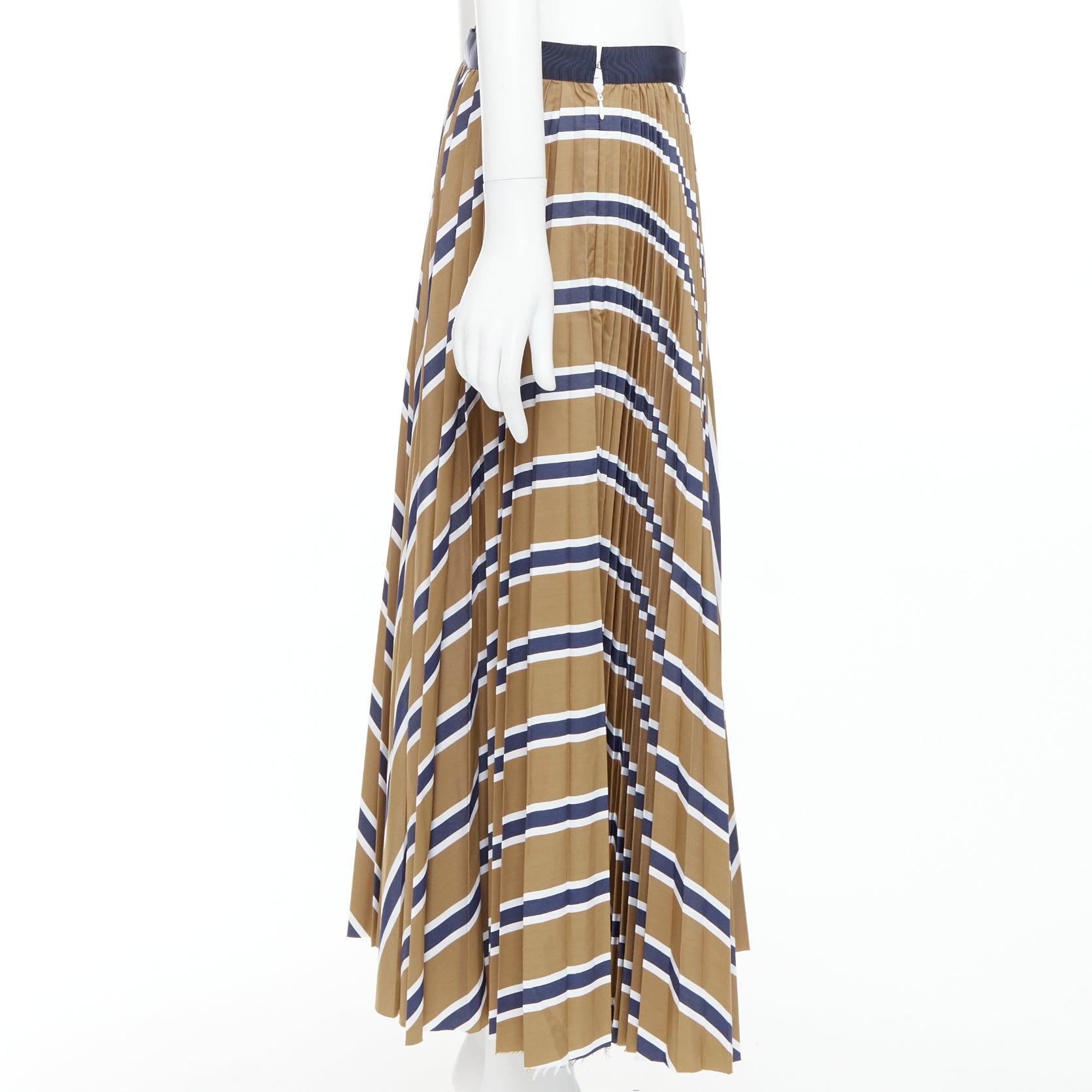 Brown SACAI 2020 navy brown white striped pleated ribbon waist skirt JP4 XL For Sale