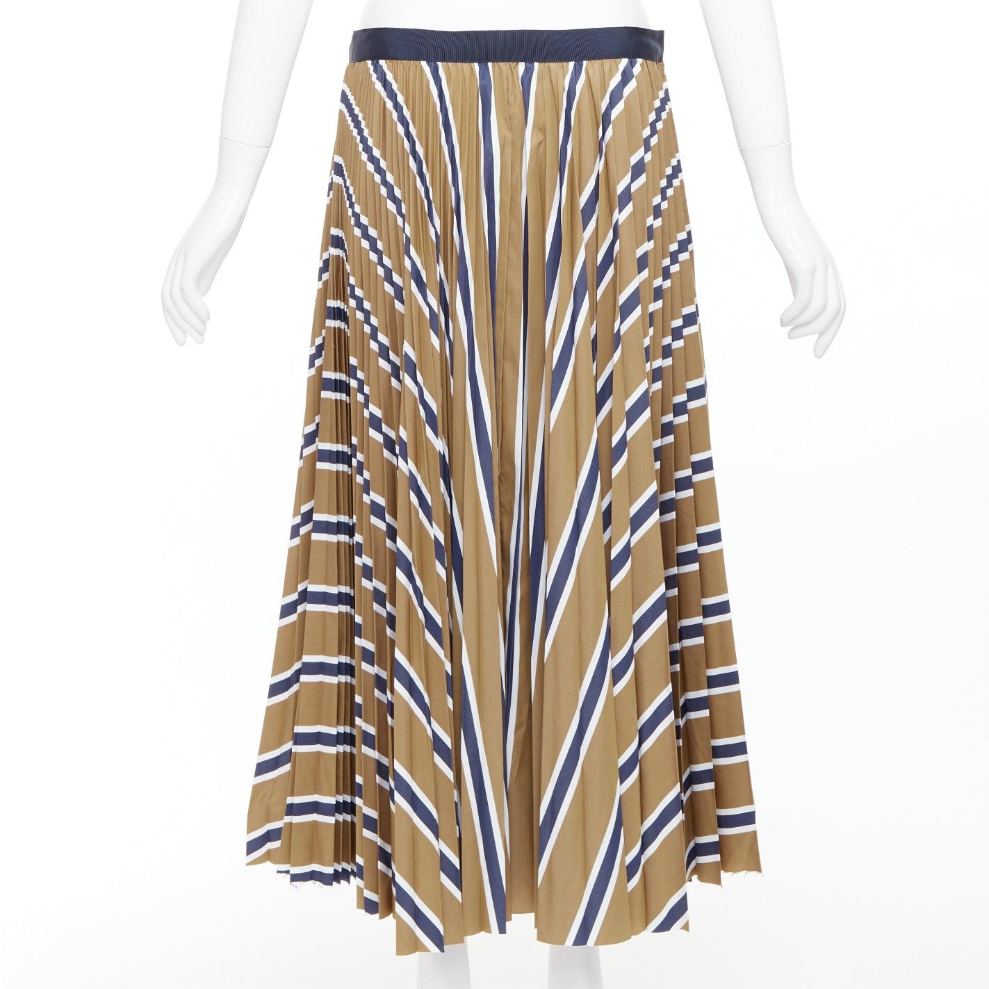 SACAI 2020 navy brown white striped pleated ribbon waist skirt JP4 XL In New Condition For Sale In Hong Kong, NT