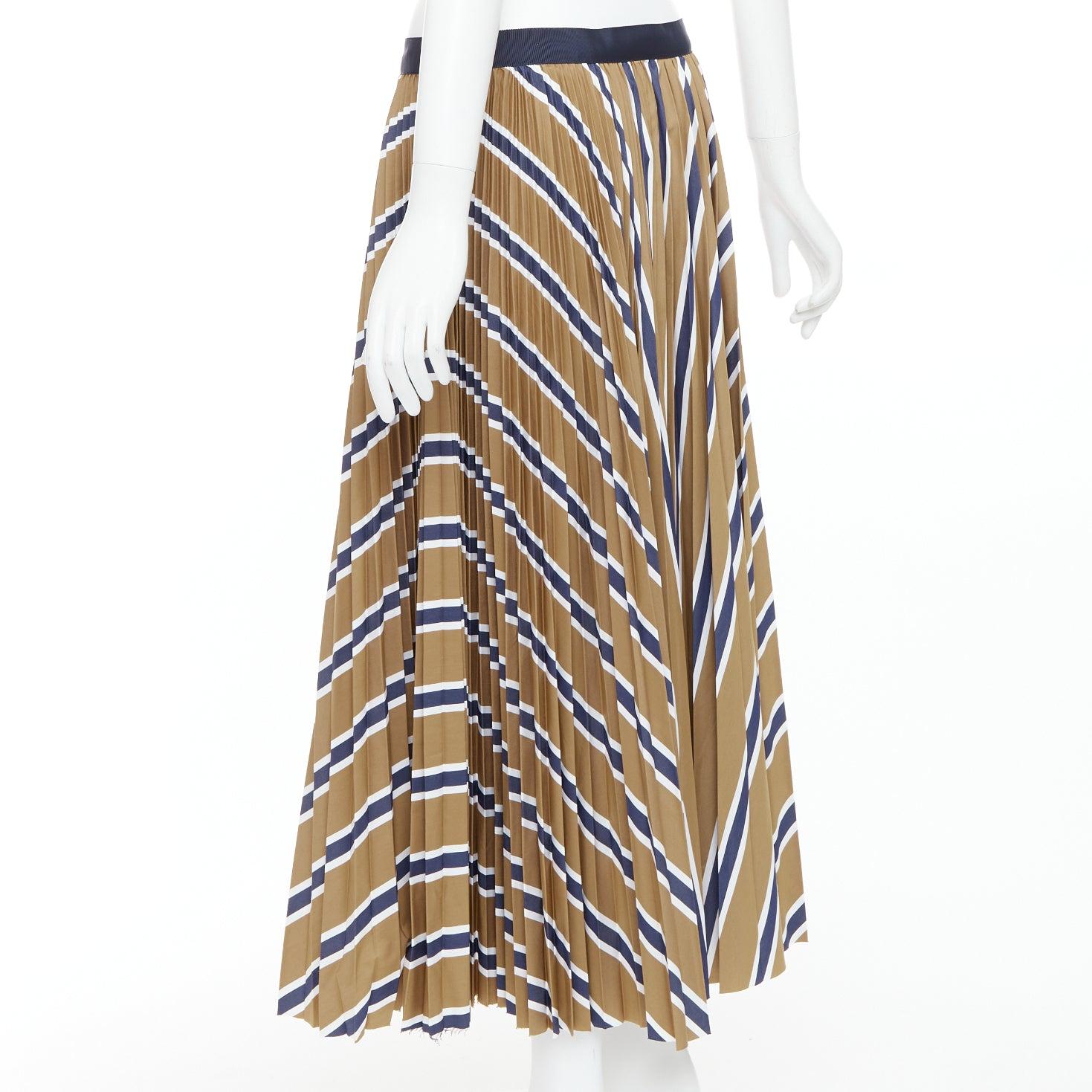 Women's SACAI 2020 navy brown white striped pleated ribbon waist skirt JP4 XL For Sale
