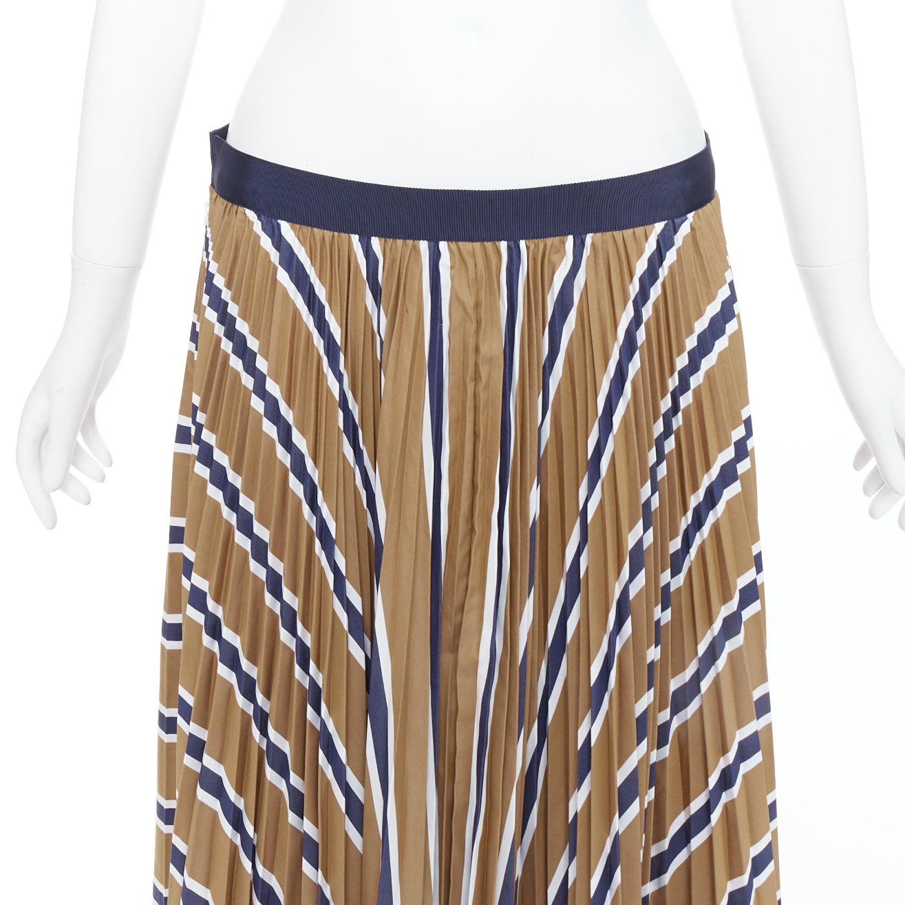 SACAI 2020 navy brown white striped pleated ribbon waist skirt JP4 XL For Sale 1