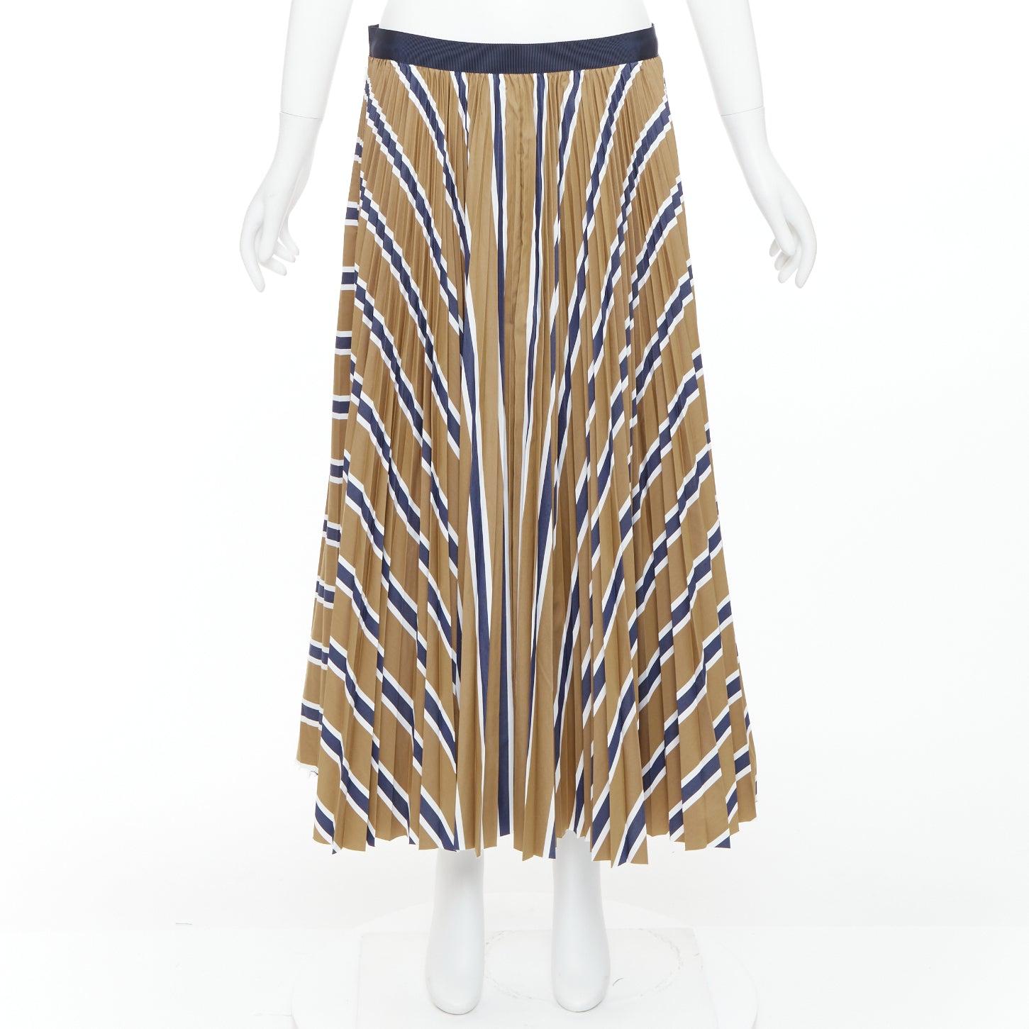 SACAI 2020 navy brown white striped pleated ribbon waist skirt JP4 XL For Sale 4