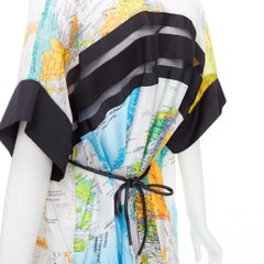 SACAI 2020 yellow blue white map print black trim belt midi dress JP2 M