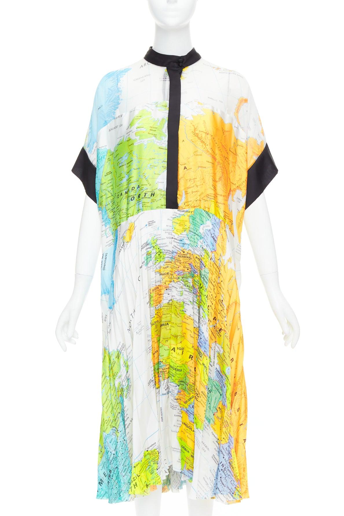 Beige SACAI 2020 jaune bleu blanc imprimé carte ceinture noire robe midi JP2 M en vente