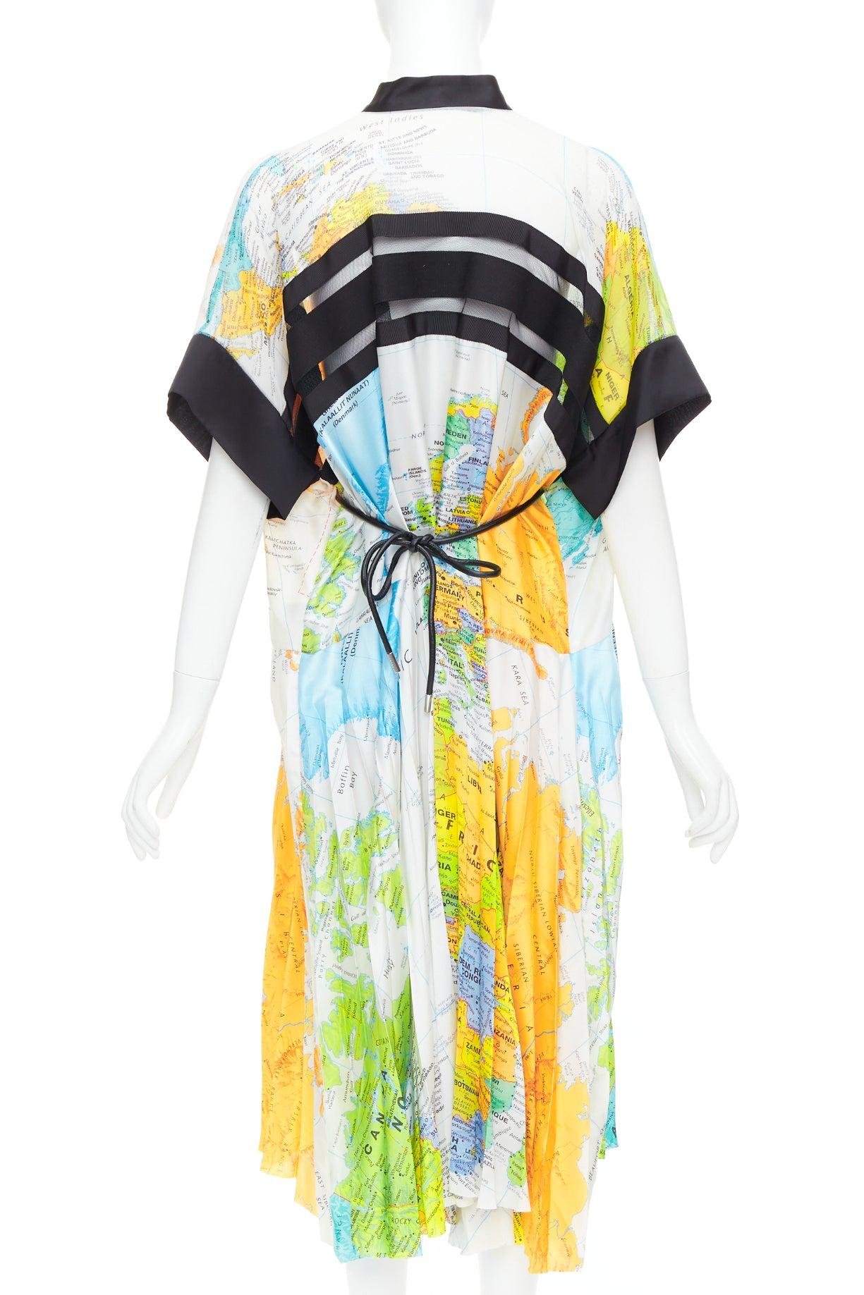 SACAI 2020 jaune bleu blanc imprimé carte ceinture noire robe midi JP2 M en vente 1