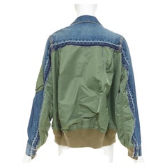 Chaqueta híbrida MA-1 reconstruida de SACAI 2021 en denim azul y sarga de nailon verde, JP2 M