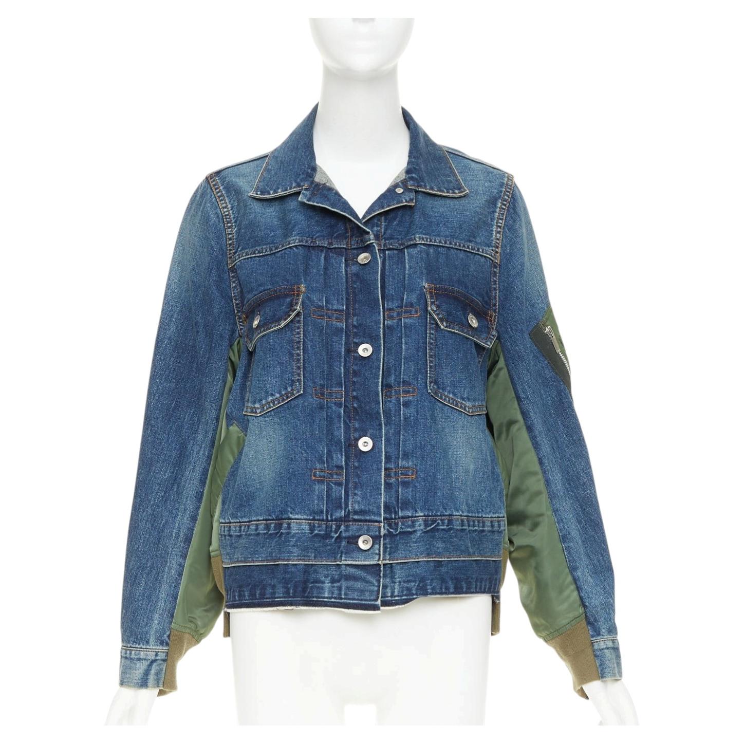 SACAI 2021 blue denim green nylon twill reconstructed hybrid MA-1 jacket JP2 M