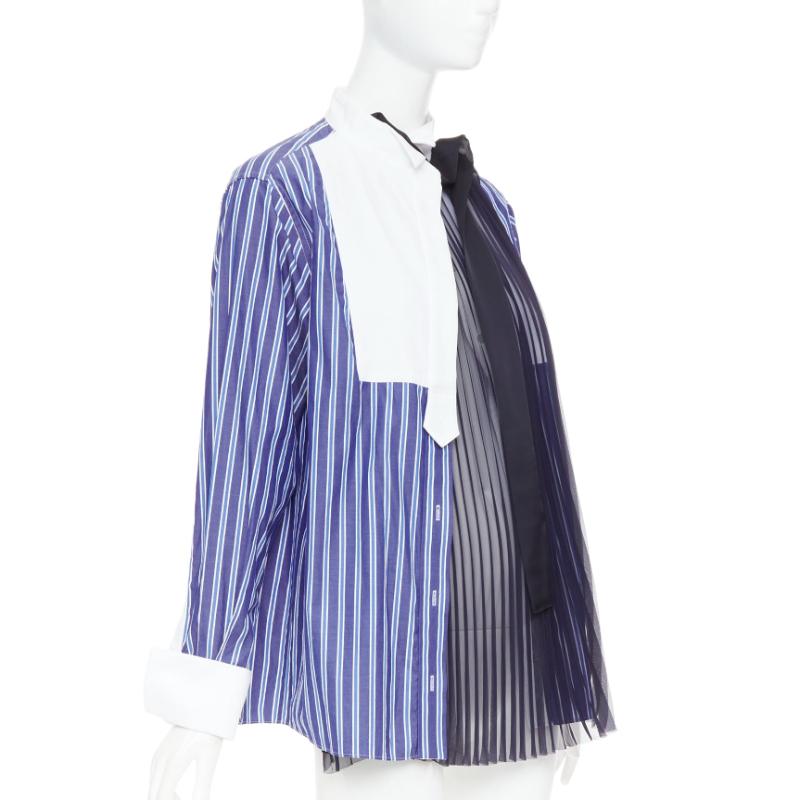 SACAI 2021 blue striped cotton bib collar sheer panel deconstructed shirt JP1 S Gris en venta