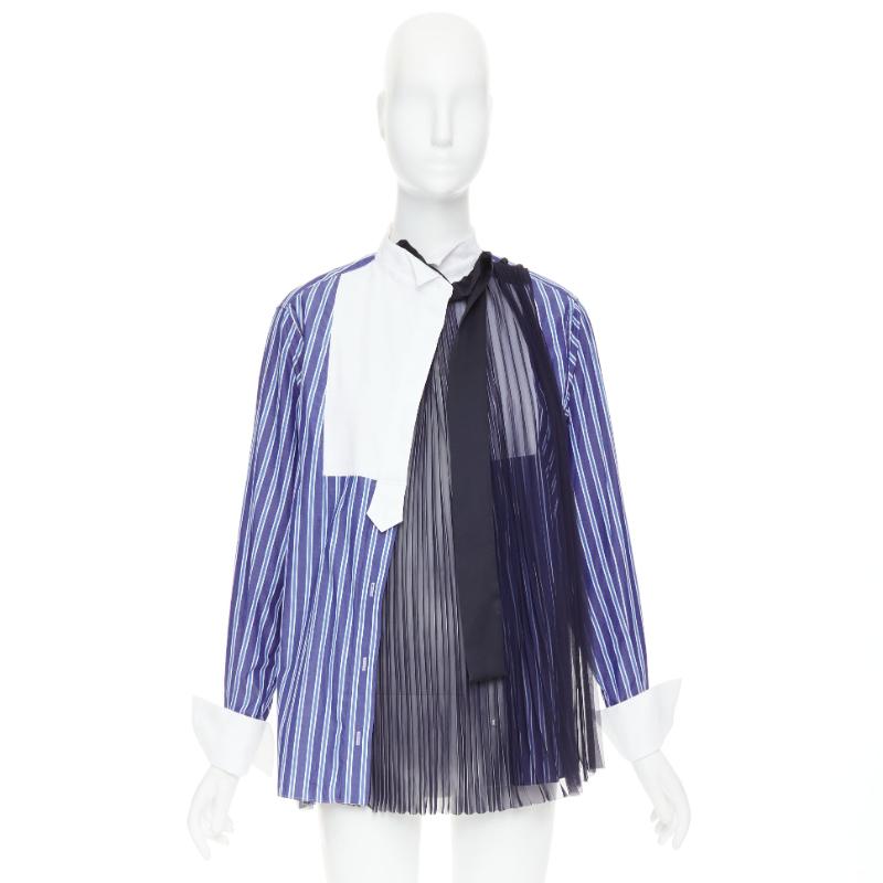 SACAI 2021 blue striped cotton bib collar sheer panel deconstructed shirt JP1 S en venta 4