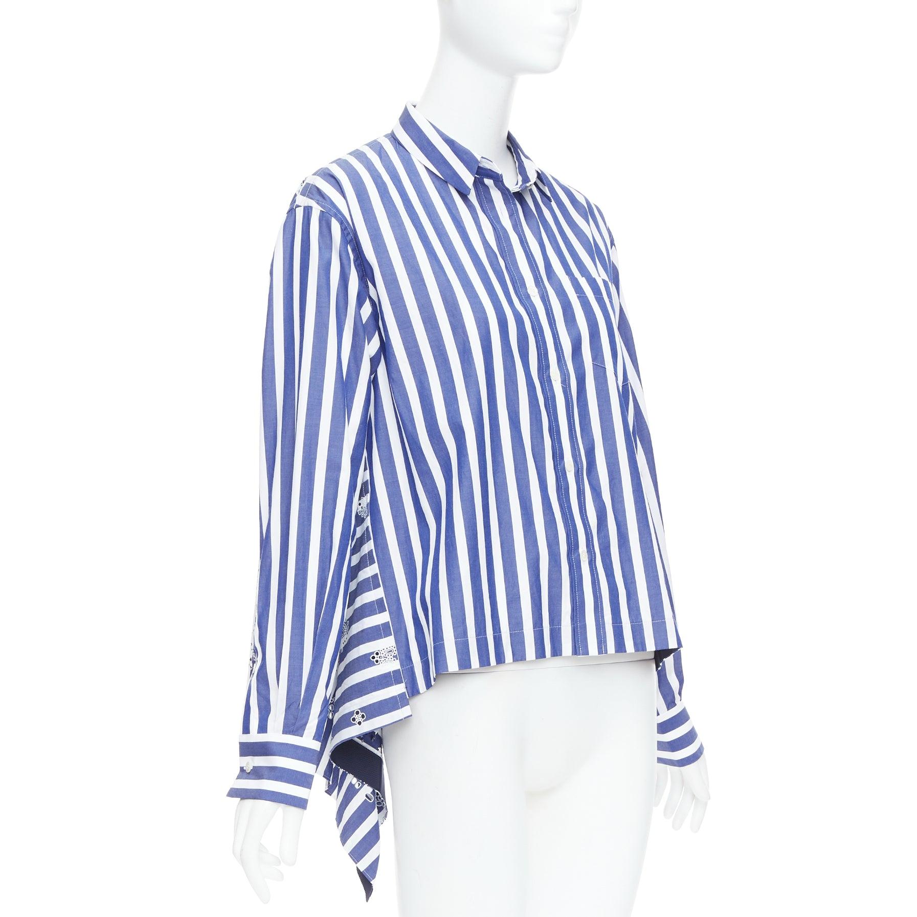 Purple SACAI 2021 blue white striped eyelet flared back dress shirt JP3 L For Sale