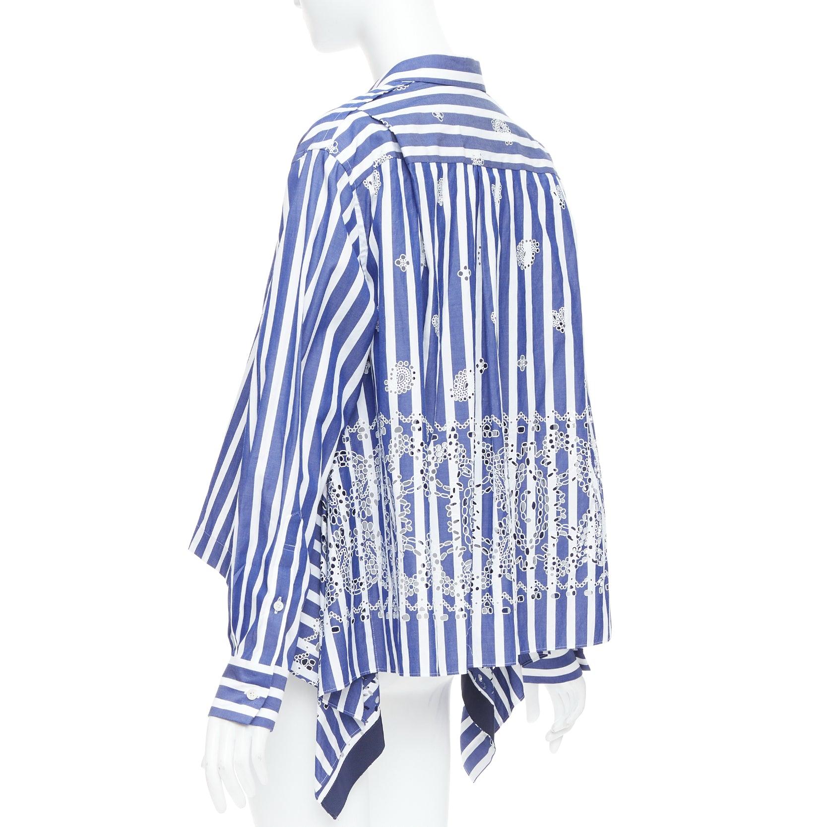 Women's SACAI 2021 blue white striped eyelet flared back dress shirt JP3 L For Sale