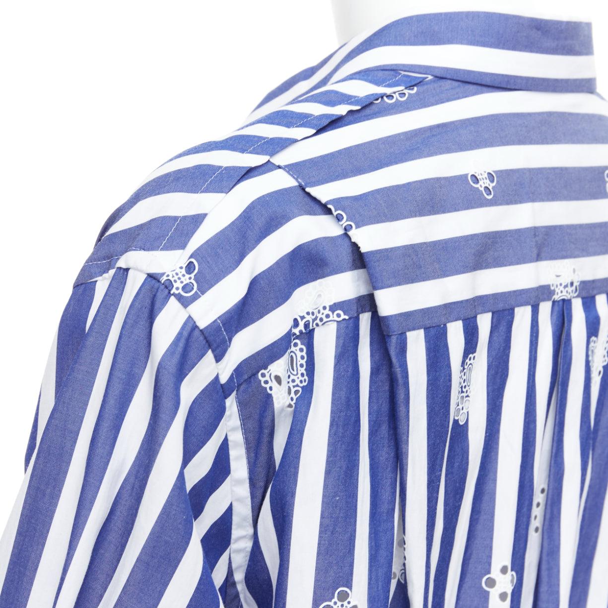 SACAI 2021 blue white striped eyelet flared back dress shirt JP3 L For Sale 1