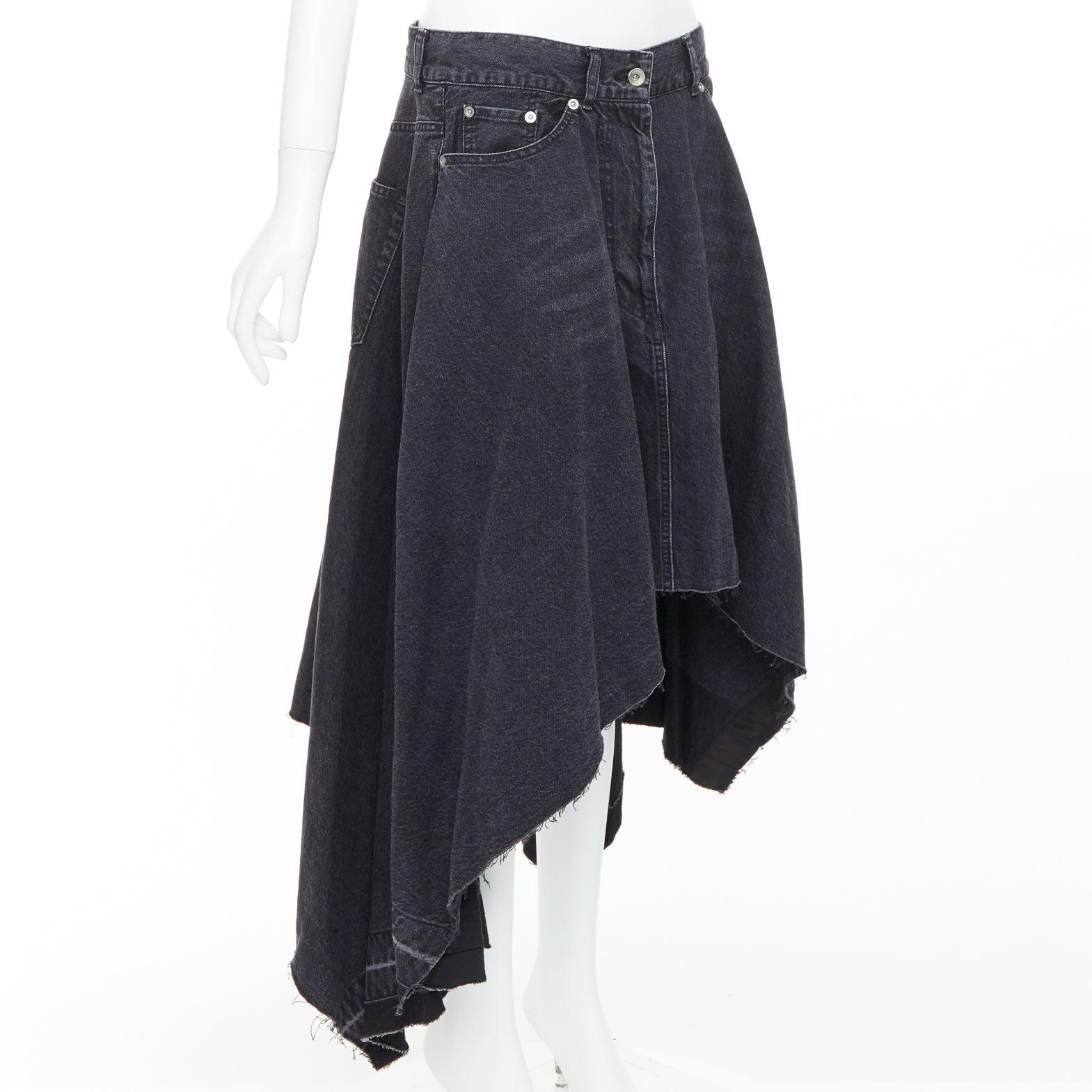 Black SACAI 2021 grey washed cotton denim asymmetric hi low hem skirt JP4 XL For Sale