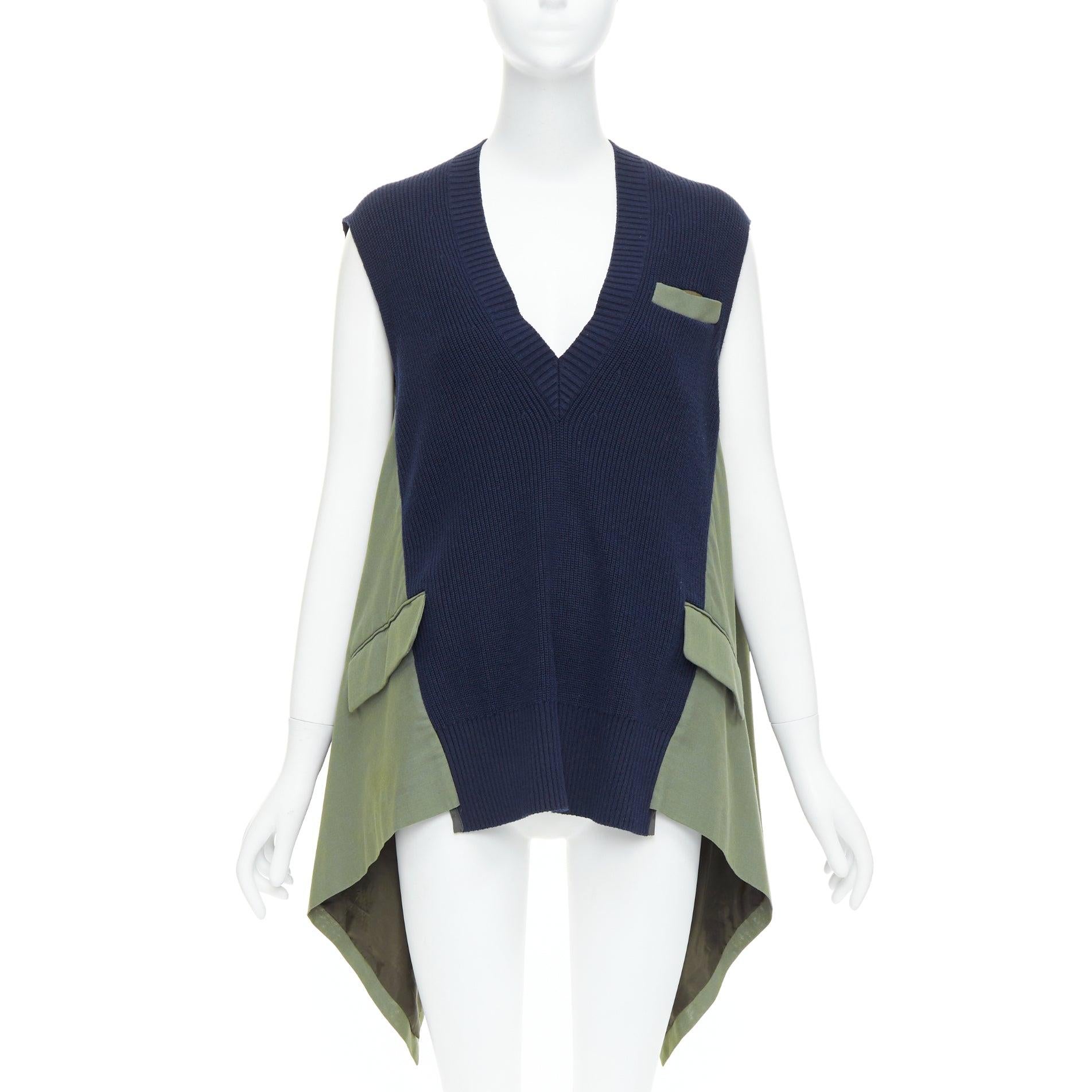 Gray SACAI 2021 navy green cotton blend contrast hi low sides vest JP1 S For Sale
