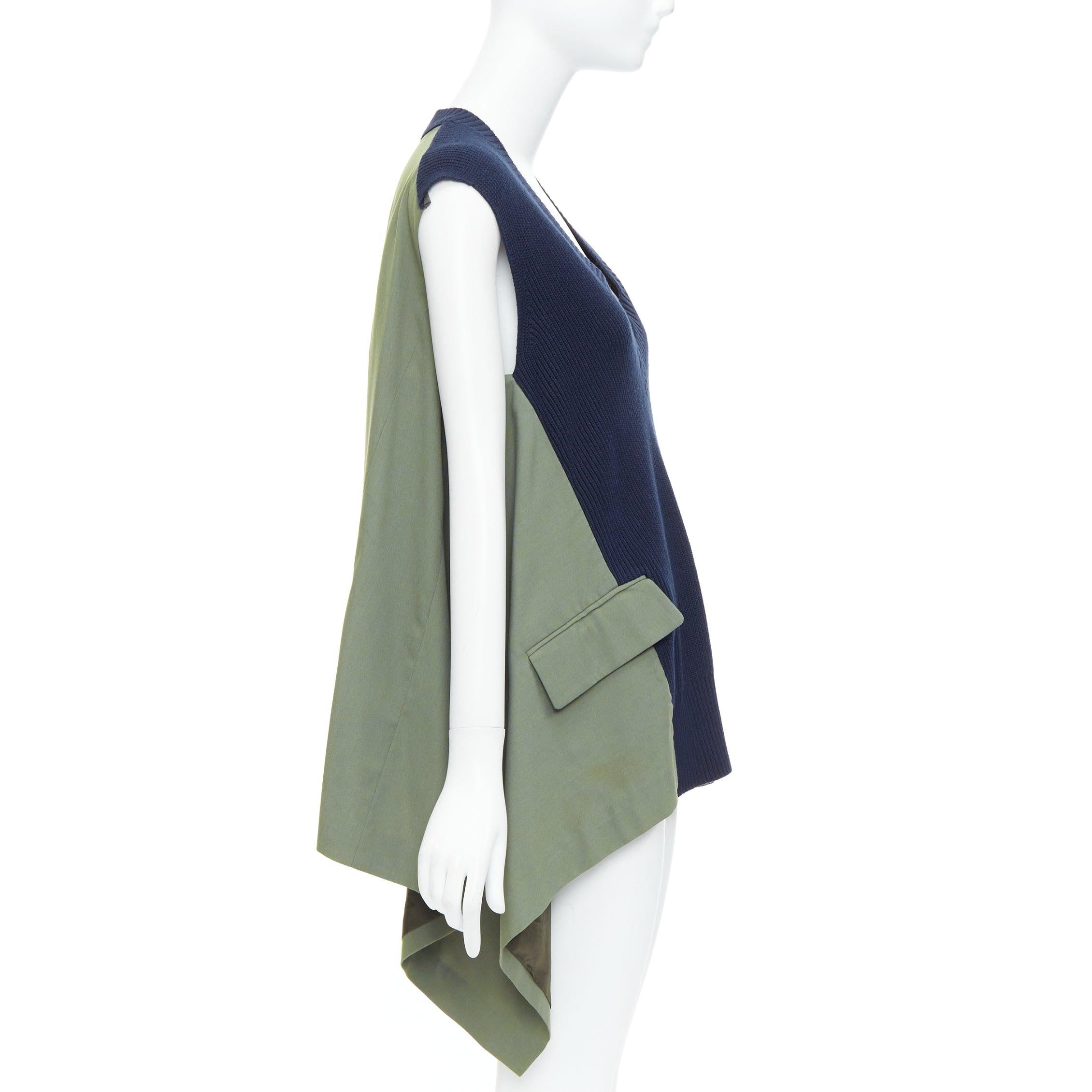 SACAI 2021 navy green cotton blend contrast hi low sides vest JP1 S In Excellent Condition For Sale In Hong Kong, NT