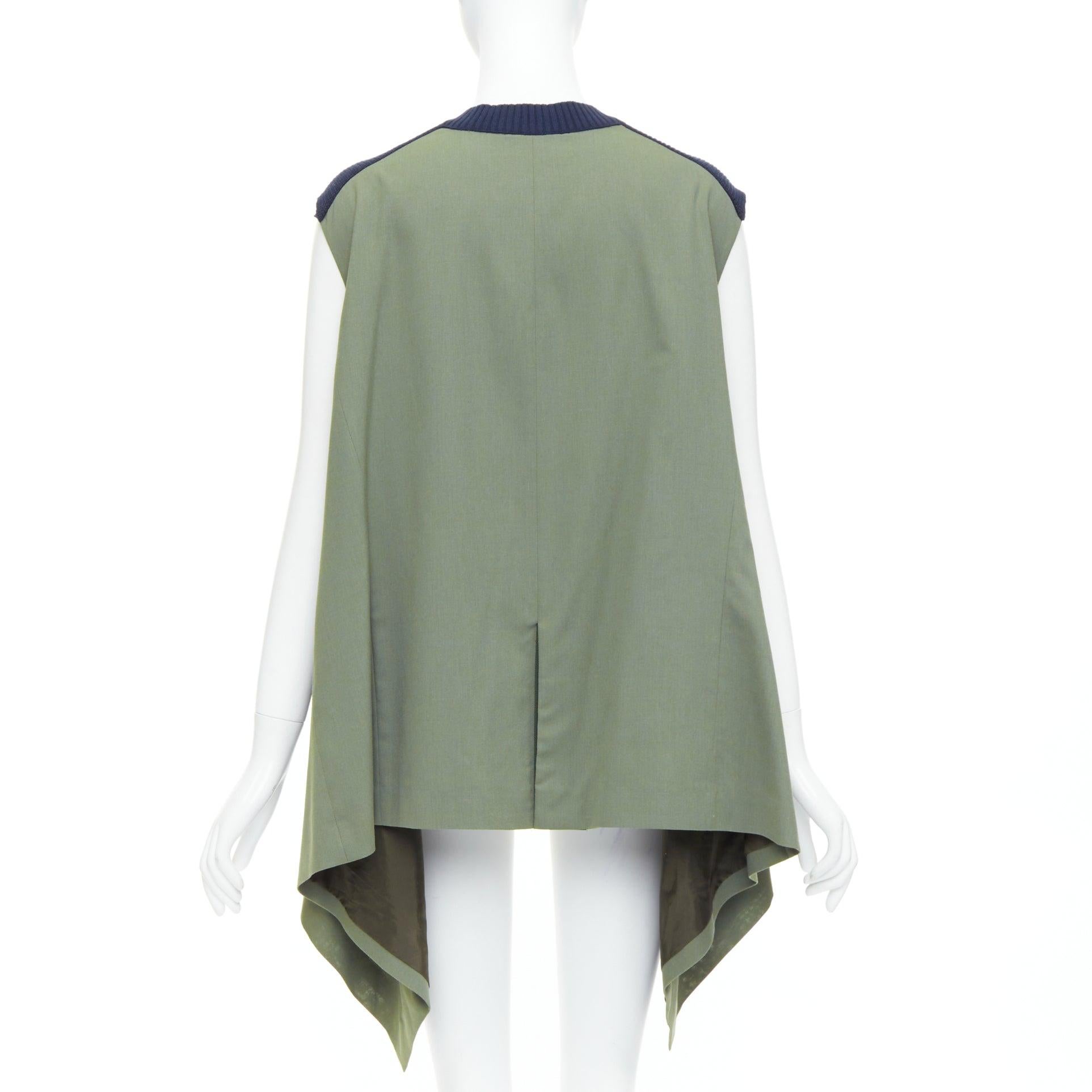 Women's SACAI 2021 navy green cotton blend contrast hi low sides vest JP1 S For Sale