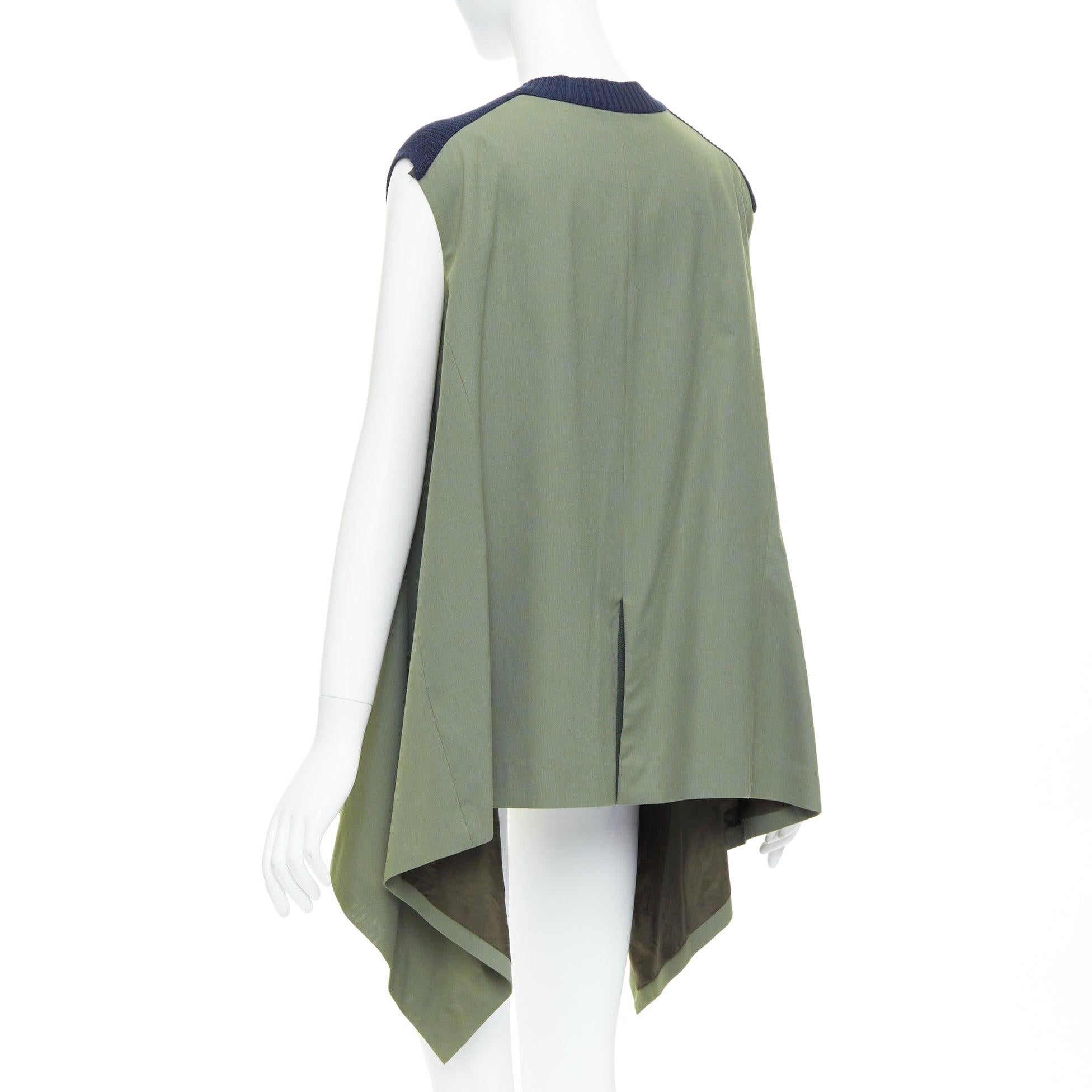 SACAI 2021 navy green cotton blend contrast hi low sides vest JP1 S For Sale 1