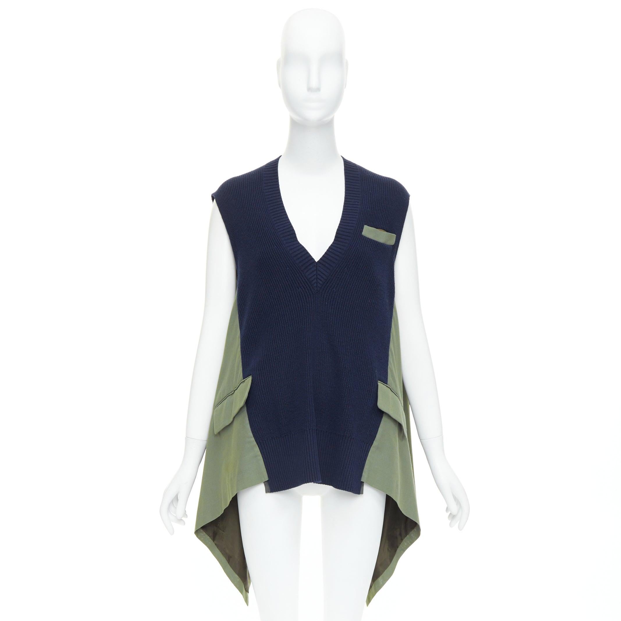 SACAI 2021 navy green cotton blend contrast hi low sides vest JP1 S For Sale 4