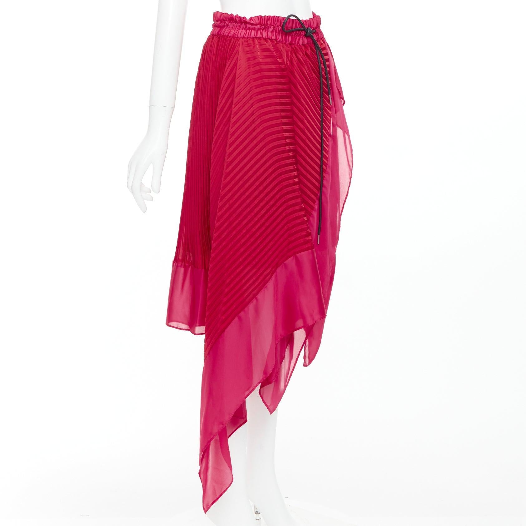 Rosso Sacai 2021 gonna a pieghe in raso rosa rosso con coulisse nera JP3 L. in vendita