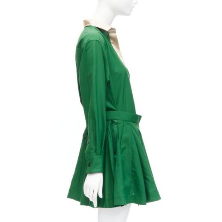 SACAI 2022 cream satin collar placket green belted pleated layered dress JP1 S In Excellent Condition For Sale In Hong Kong, NT