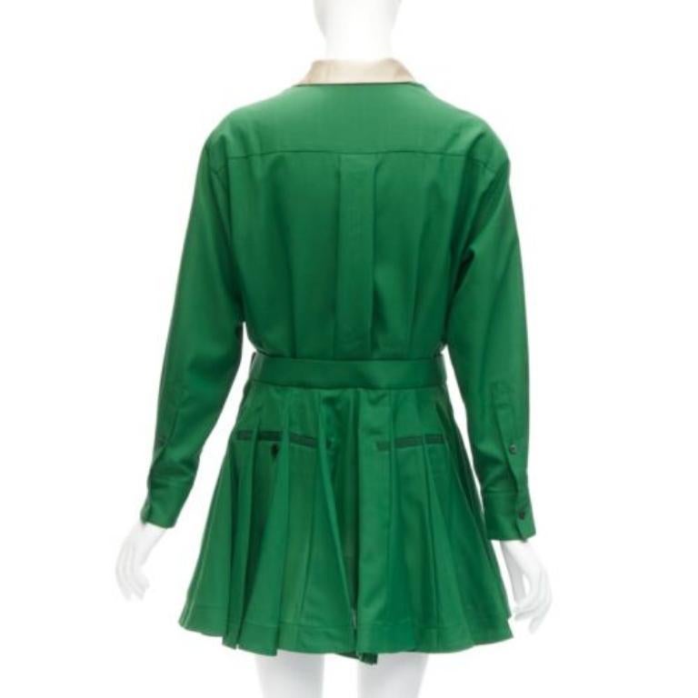 Women's SACAI 2022 cream satin collar placket green belted pleated layered dress JP1 S For Sale