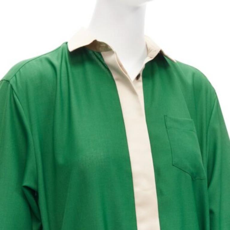 SACAI 2022 cream satin collar placket green belted pleated layered dress JP1 S For Sale 2