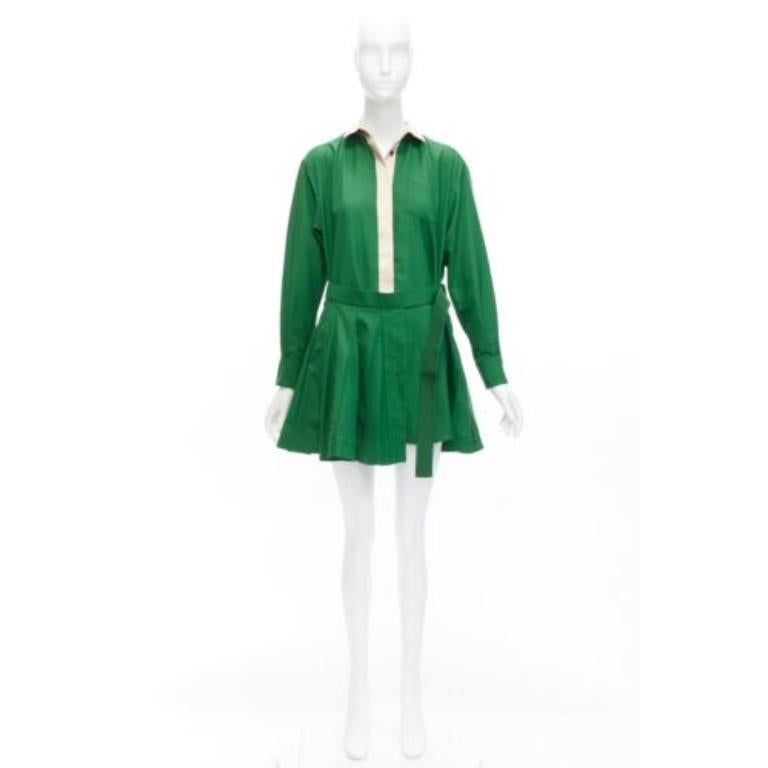 SACAI 2022 cream satin collar placket green belted pleated layered dress JP1 S For Sale 4