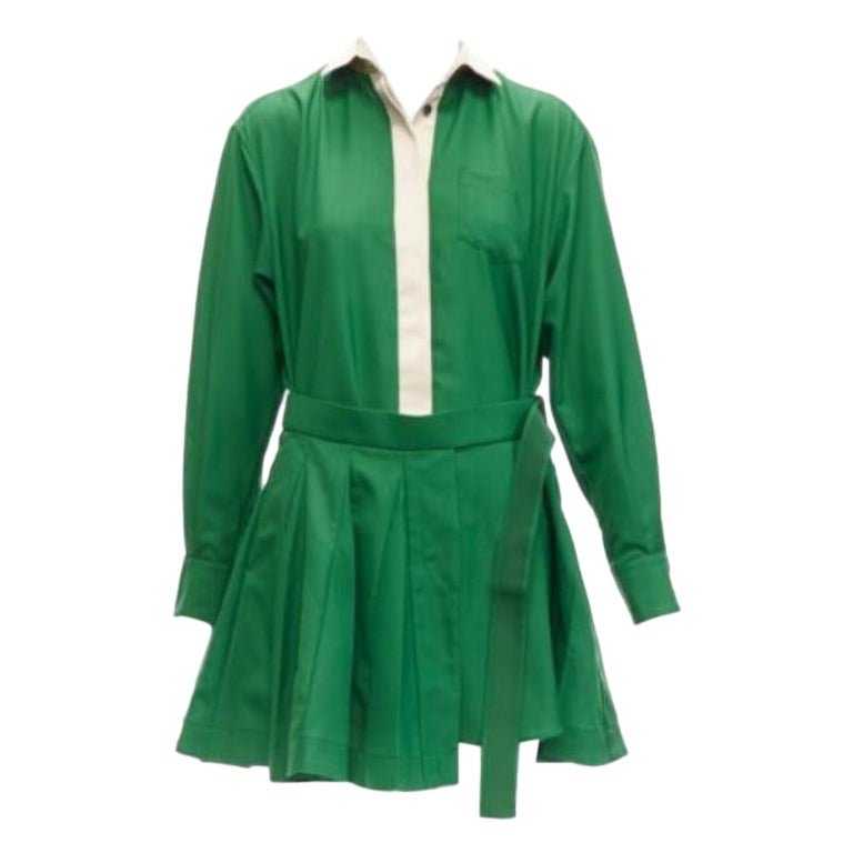 SACAI 2022 cream satin collar placket green belted pleated layered dress JP1 S For Sale at 1stDibs SACAI 2022 cream satin collar placket green belted pleated layered dress JP1 S For Sale at 1stDibs