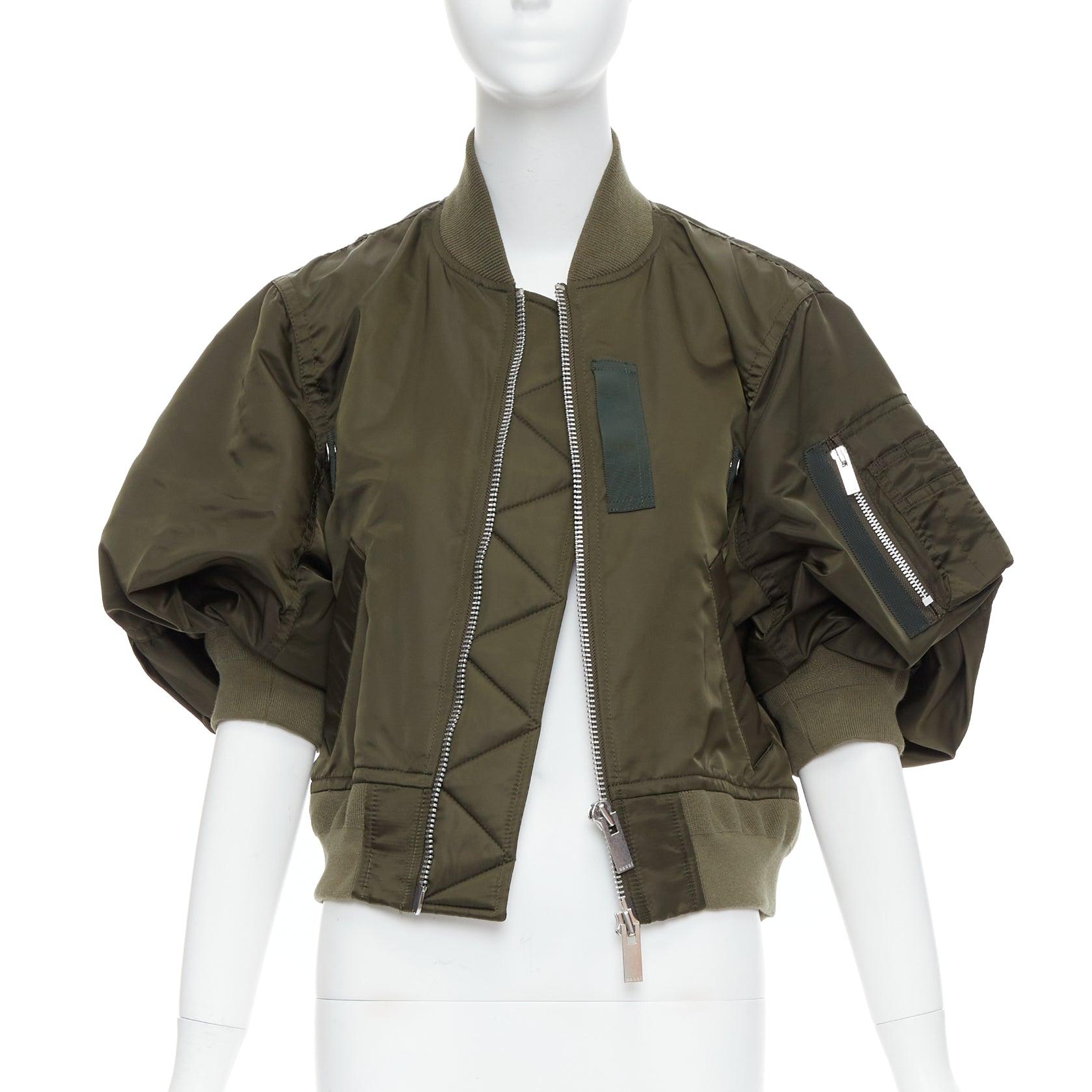 Black SACAI 2022 green gathered sleeves cropped MA1 bomber jacket JP1 S