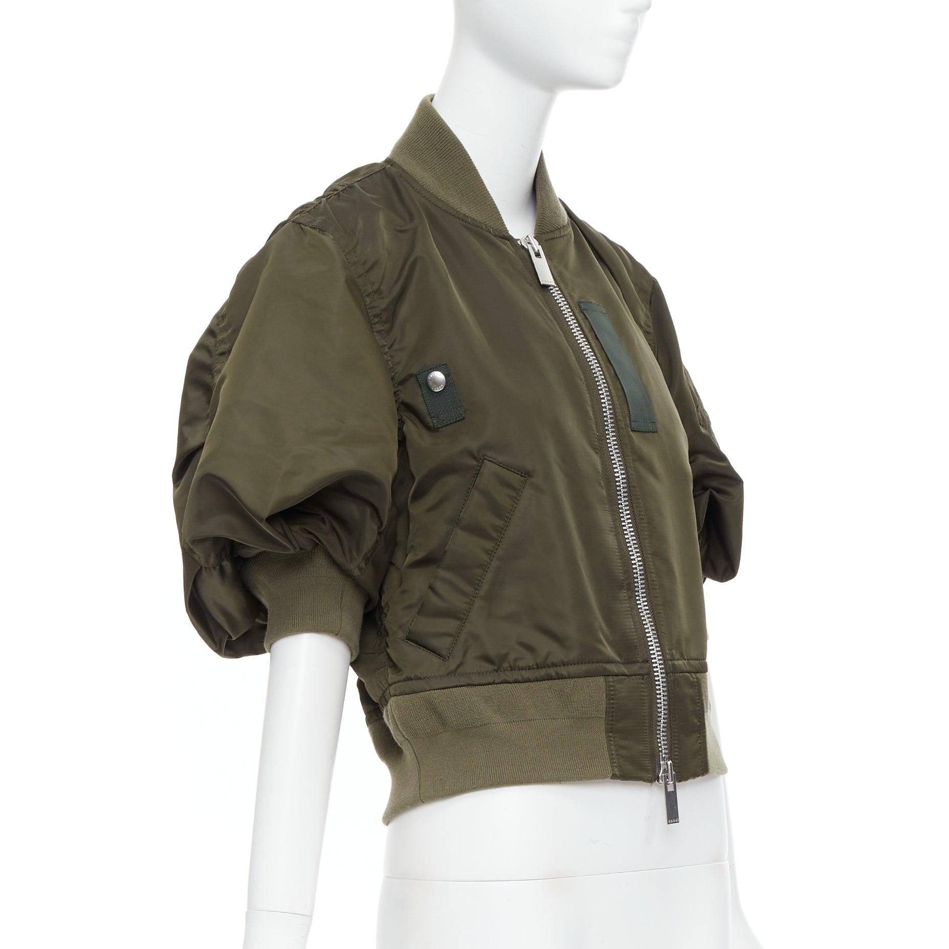 SACAI 2022 green gathered sleeves cropped MA1 bomber jacket JP1 S In Excellent Condition In Hong Kong, NT